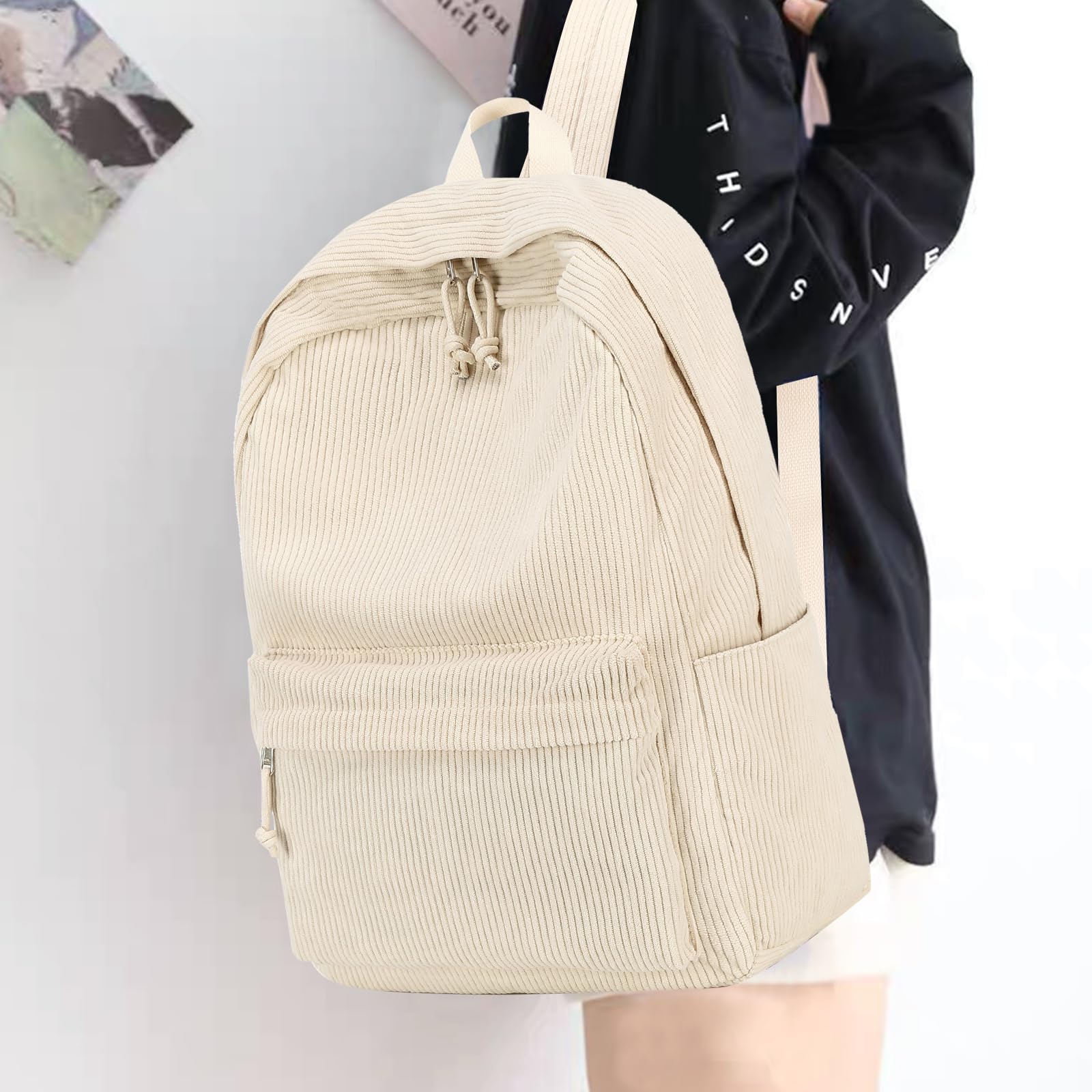 Teen Girls School Backpack - Corduroy Laptop Bag for High School & Travel (Beige) | Stylish & Durable Daypack