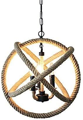 Vintage Spherical Chandelier with E14 Base - Handwoven Manila Hemp Rope Pendant Lamp for Creative Bar & Ceiling Lighting | Perfect for Restaurant, Cafe and Home Decor