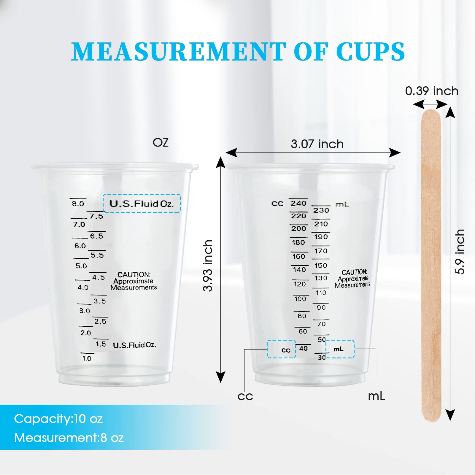100 Pack 8 oz Plastic Measuring Cups with Wooden Sticks - Disposable Mixing Cups for Epoxy Resin, Paint, Cooking & Baking - Perfect for DIY Crafts, Liquid Measurement & Kitchen Use
