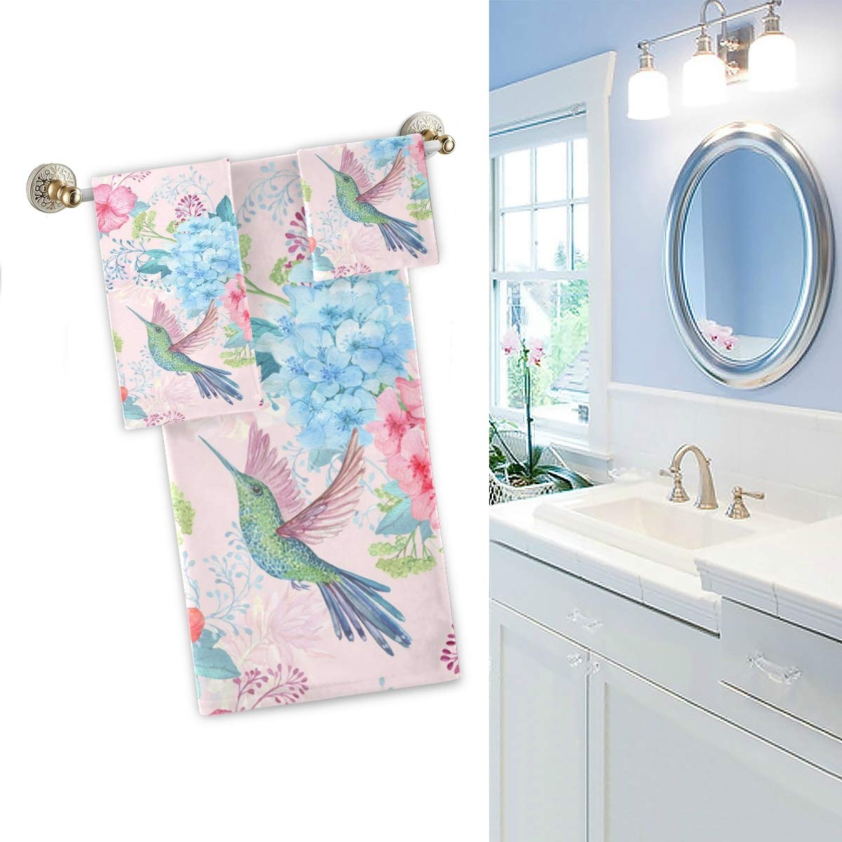 Luxury Soft Hummingbird Floral Pattern Bath Towel Set - 1 Bath Towel, 1 Hand Towel, 1 Washcloth - Premium 3-Piece Decorative Towels for Bathroom, Spa, Hotel & Beach - Pink Floral Design - Perfect for Home Decor, Guest Bathrooms & Luxury Gifts