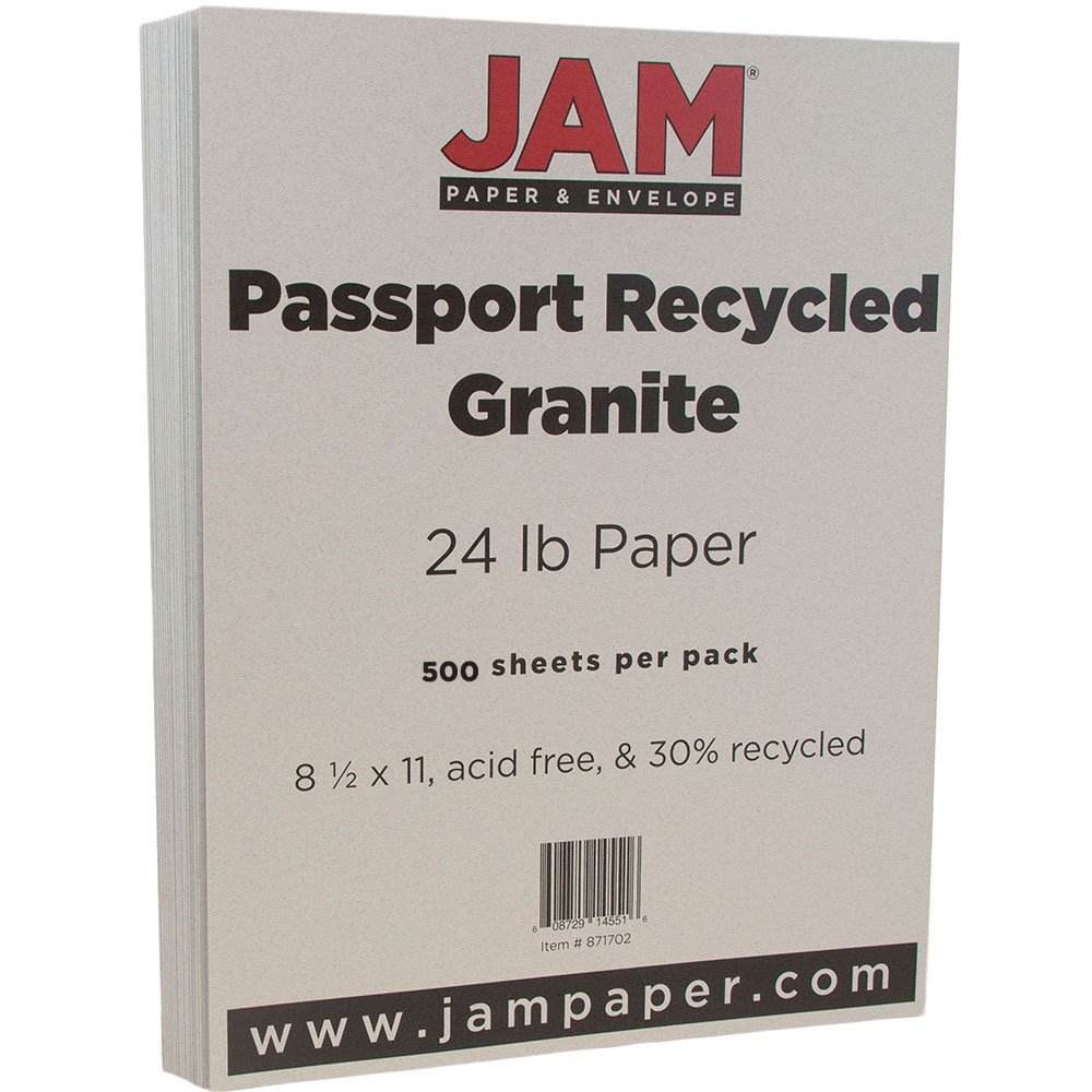 JAM PAPER Recycled 24lb Paper - 90 GSM - 8.5 x 11 Inches - Passport Granite Color - 500 Sheets per Ream | Premium Printer Paper for Office, School & Eco-Friendly Printing