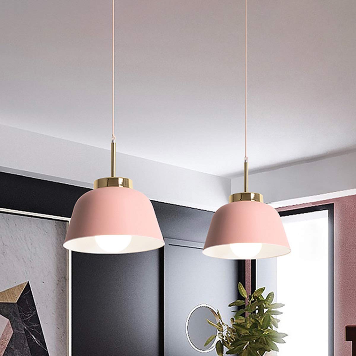 Macaroon Pendant Light Fixture with Metal Shade - Modern Ceiling Hanging Lamp for Kitchen Island, Dining Room, Bedroom & Living Room Decor (Pink)