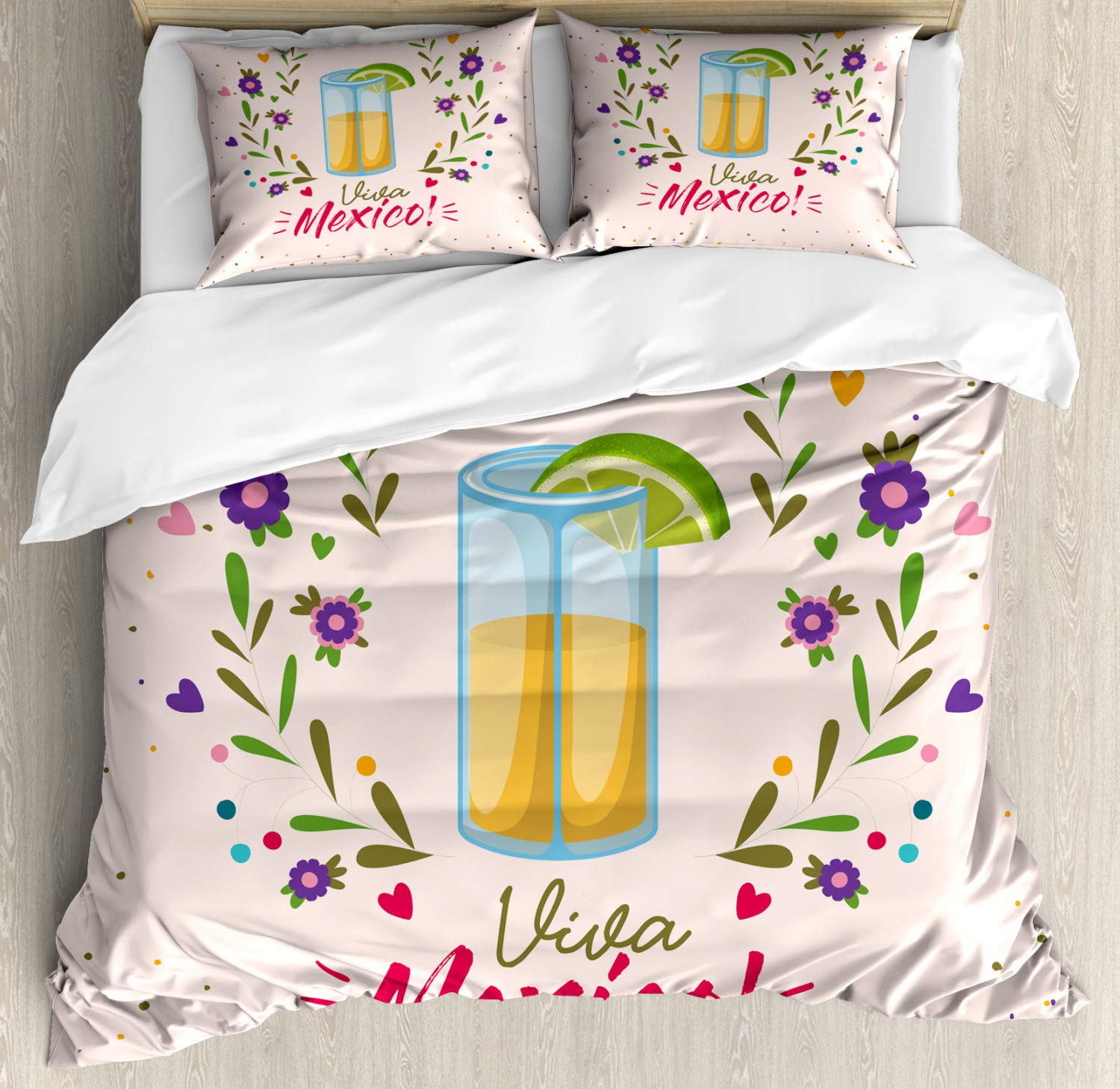 Ambesonne Tequila Duvet Cover Set - King Size 3-Piece Bedding with Mexican Shot Glass Design & Floral Patterns, Includes 2 Pillow Shams - Vibrant Multicolor Home Decor for Cinco de Mayo Parties, Mexican-Themed Bedrooms & Fiesta Room Makeovers
