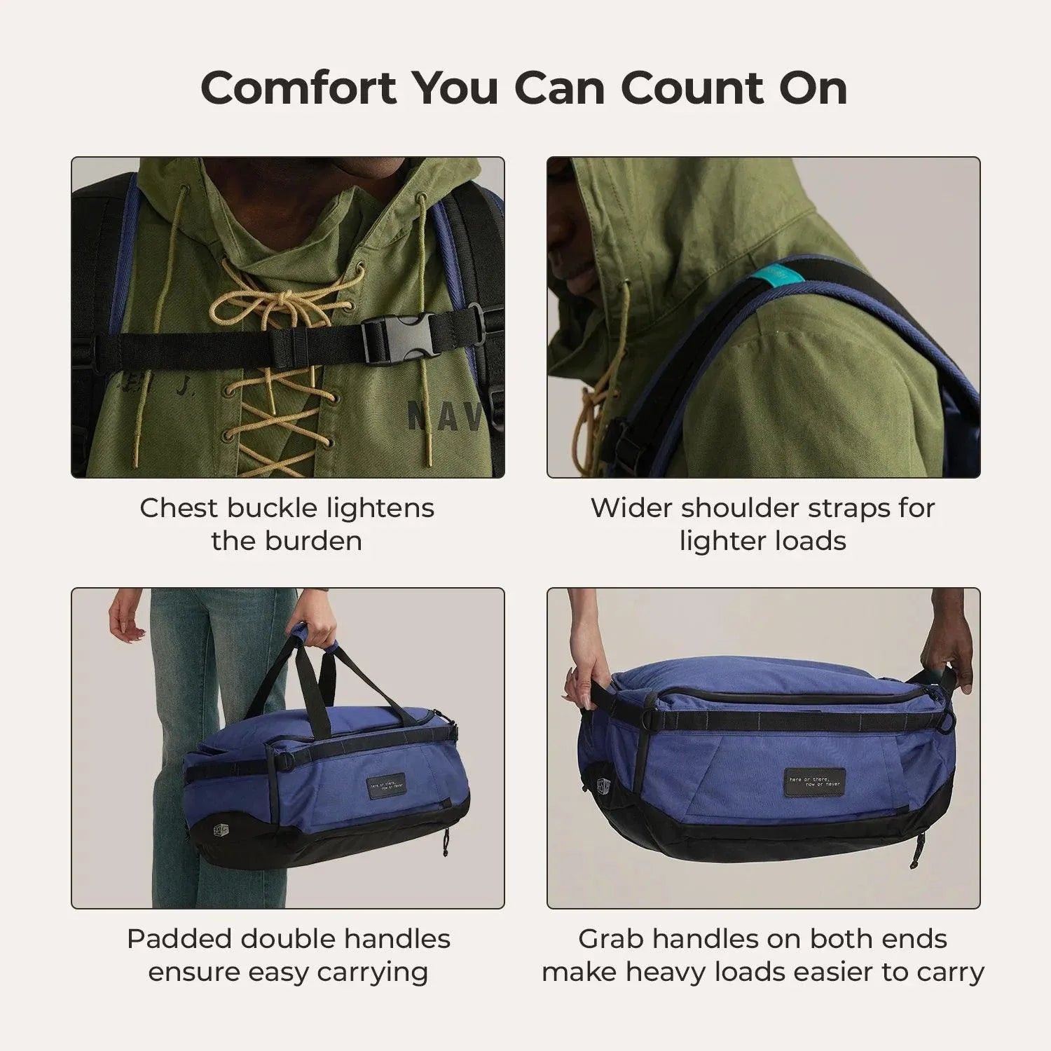 Paz 43L Duffle Backpack - Waterproof Travel Duffel Bag with Shoulder Strap for Gym, Camping & Weekend Getaways