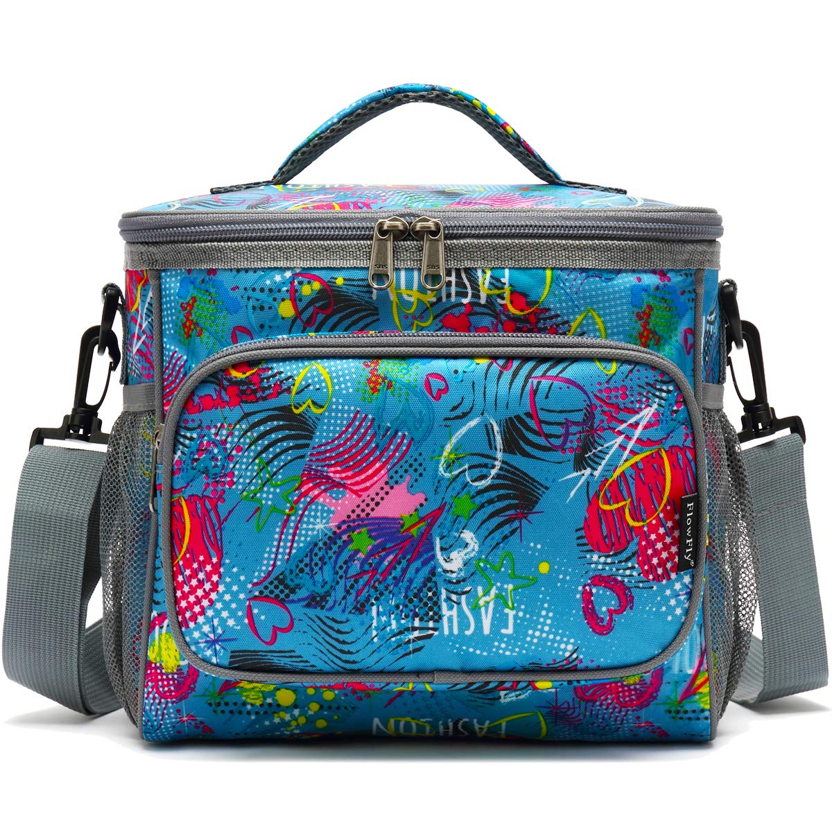 FlowFly Insulated Reusable Lunch Bag for Adults - Large Lunch Box with Adjustable Shoulder Strap, Front Zipper Pocket & Mesh Side Pockets - Perfect for Work, School, Picnics & Outdoor Activities