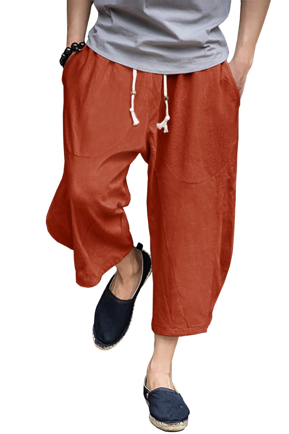 FASKUNOIE Men's Linen Cotton Capri Pants - Wide Leg Harem Pants with Pockets | Below Knee Length | Casual Summer Beachwear & Lounge Pants for Men