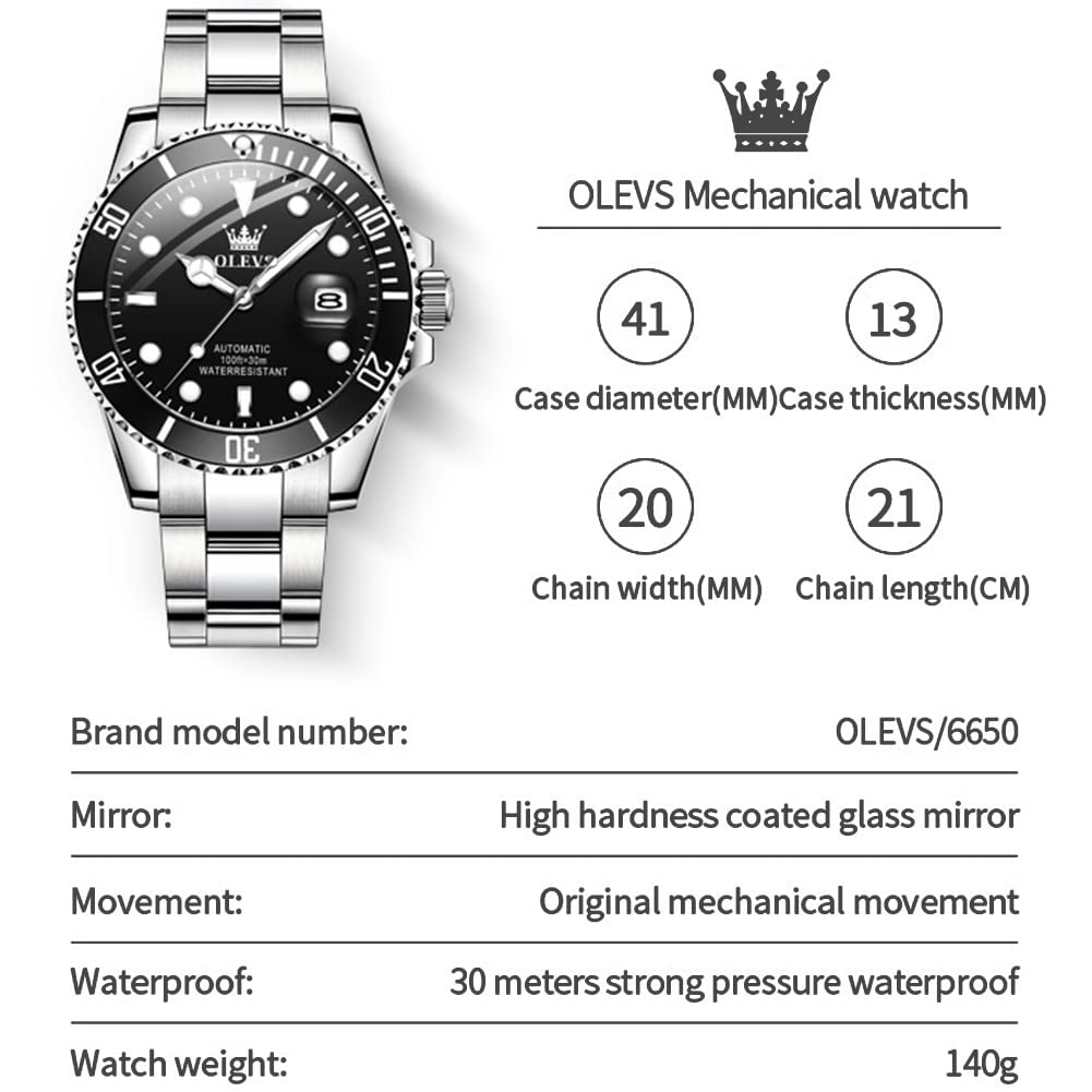 OLEVS Men's Automatic Mechanical Watch - Skeleton Dial, Waterproof, Stainless Steel Band - Perfect for Business, Casual & Formal Wear