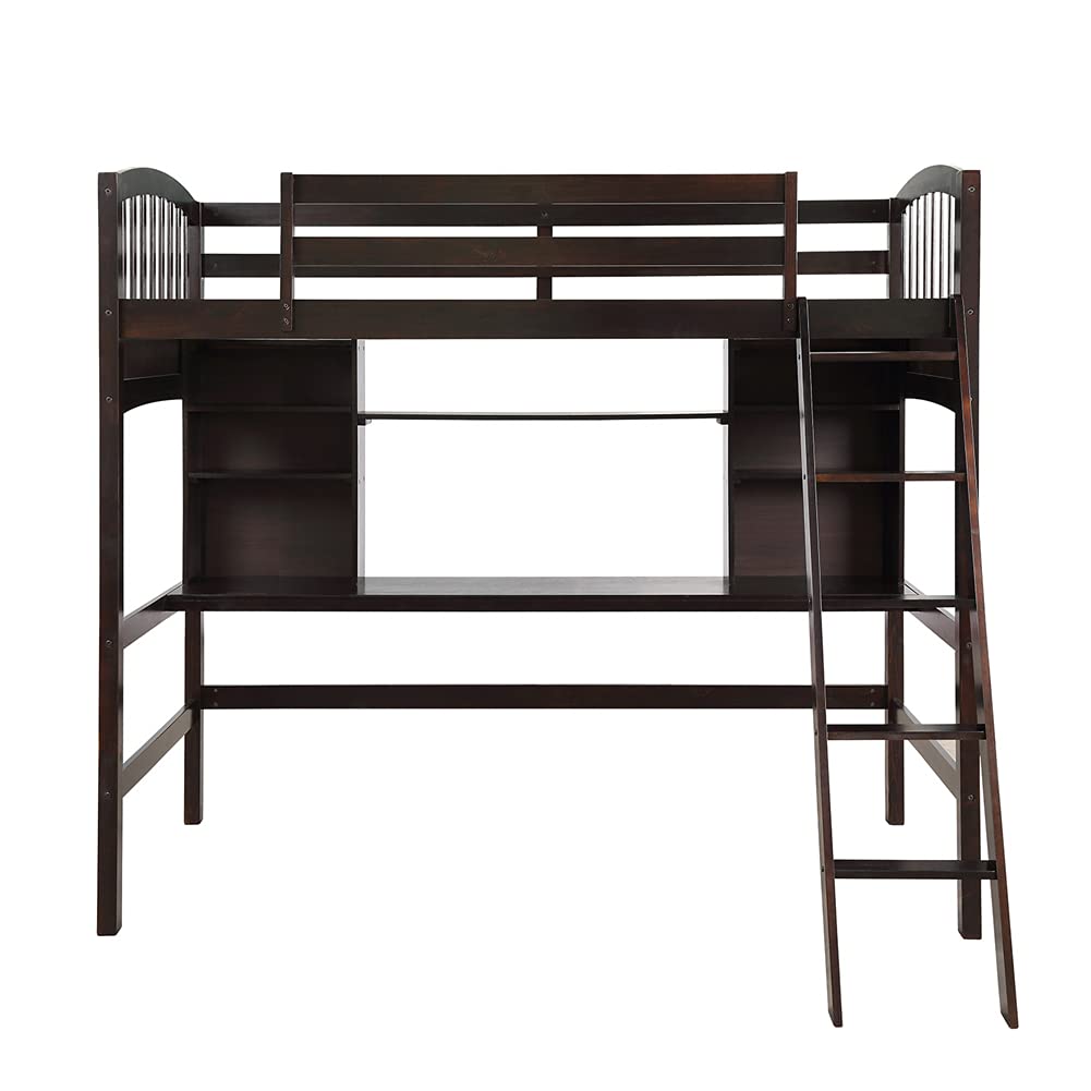 Twin Size Loft Bed with Desk & Storage - Pinewood Bed Frame with Removable Ladder & Guardrails - Space Saving Furniture for Small Bedroom, Dorm Room or Kids Room (Espresso Finish)
