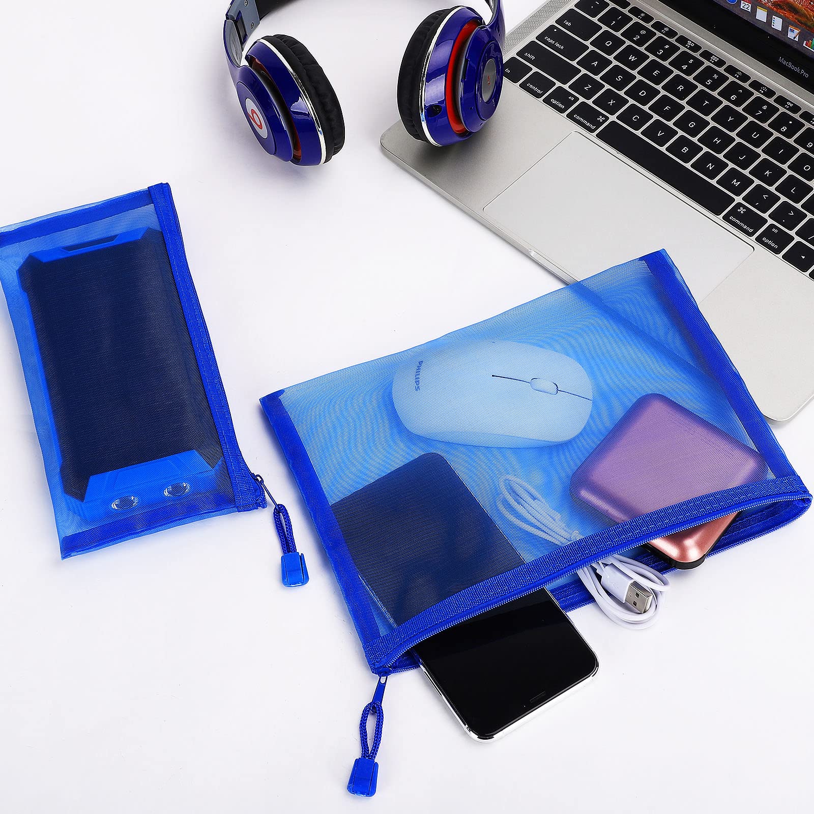 12-Piece Nylon Mesh Zipper Pouch Set - Waterproof Cosmetic Bags, Makeup Organizer, Pencil Case for School & Office - Multi-Purpose Travel Accessories (Blue, A5+B6 Size) - Perfect for Makeup Storage, Travel Essentials & School Supplies Organization