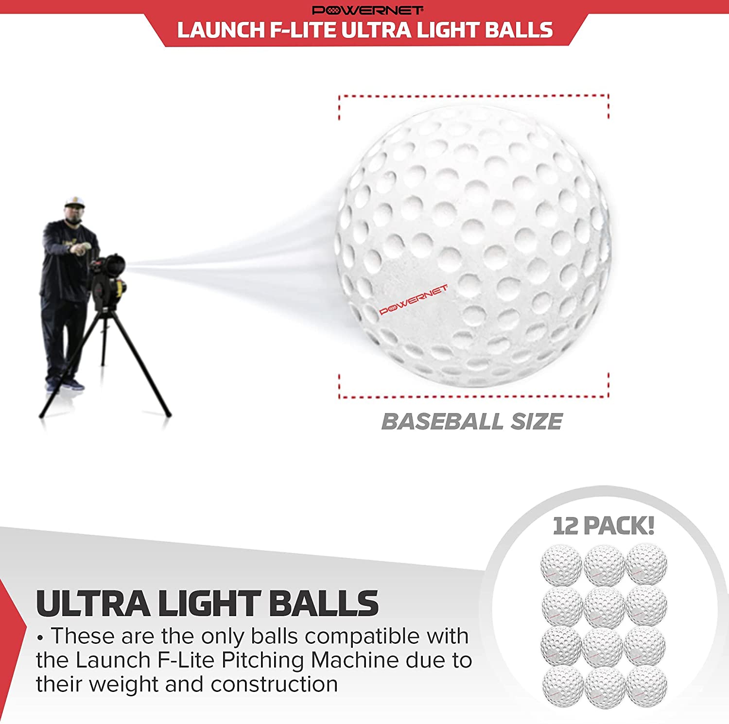 PowerNet Launch F Lite Ultra Light Dimpled Practice Baseballs for Pitching Machines | Perfect for Training, Batting Practice & Softball Drills | Indoor & Outdoor Use