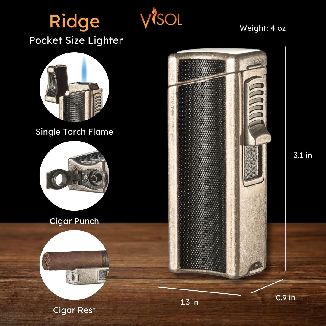 Visol Ridge Antique Single Flame Torch Lighter with Cigar Rest - Windproof Butane Lighter for Cigars, Cigarettes & Outdoor Use - Perfect for Smoking, Camping & BBQ Accessories