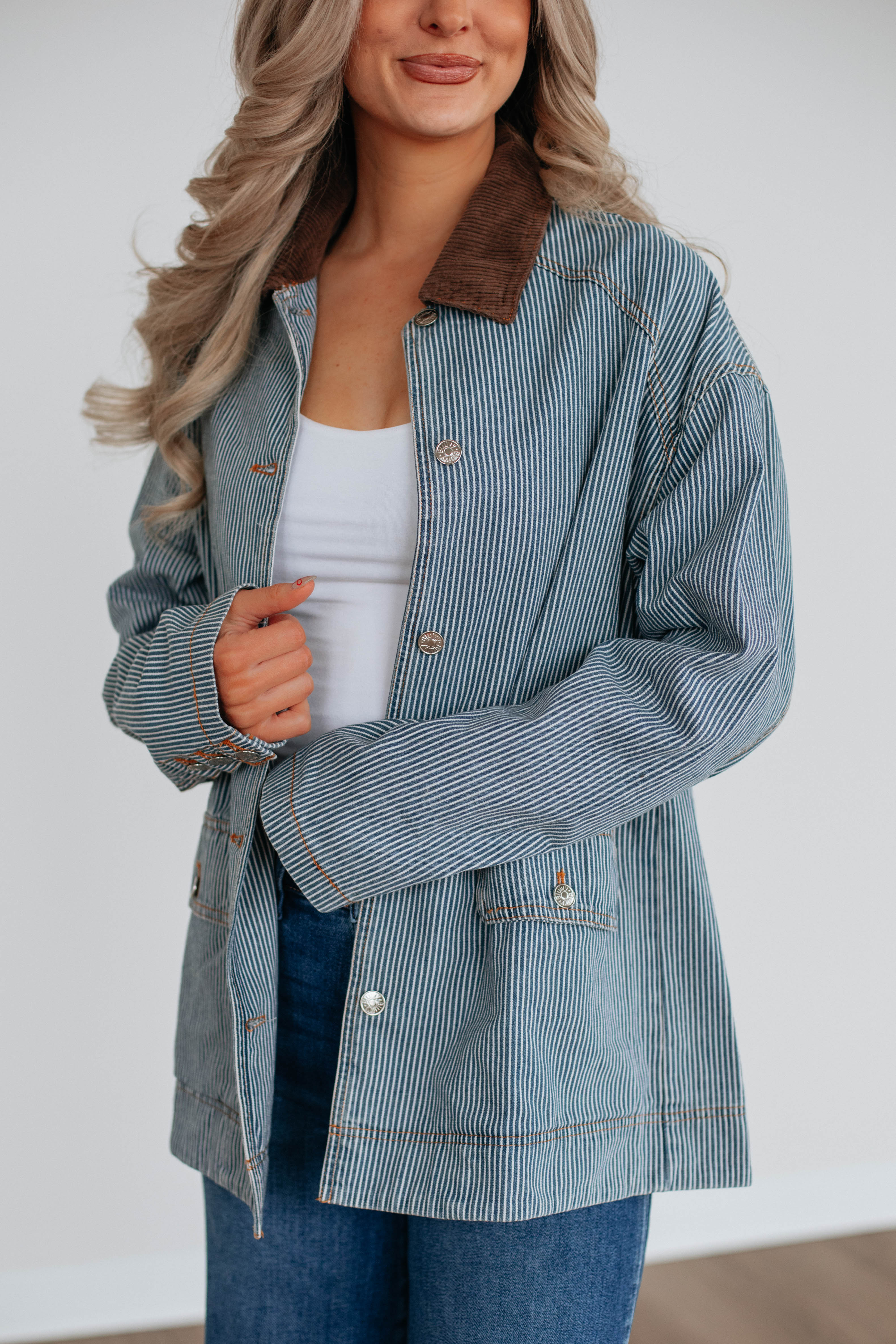 Harlan Striped Denim Jacket for Women - Light Wash Distressed Vintage Style - Perfect for Casual Outfits, Streetwear & Spring Layering
