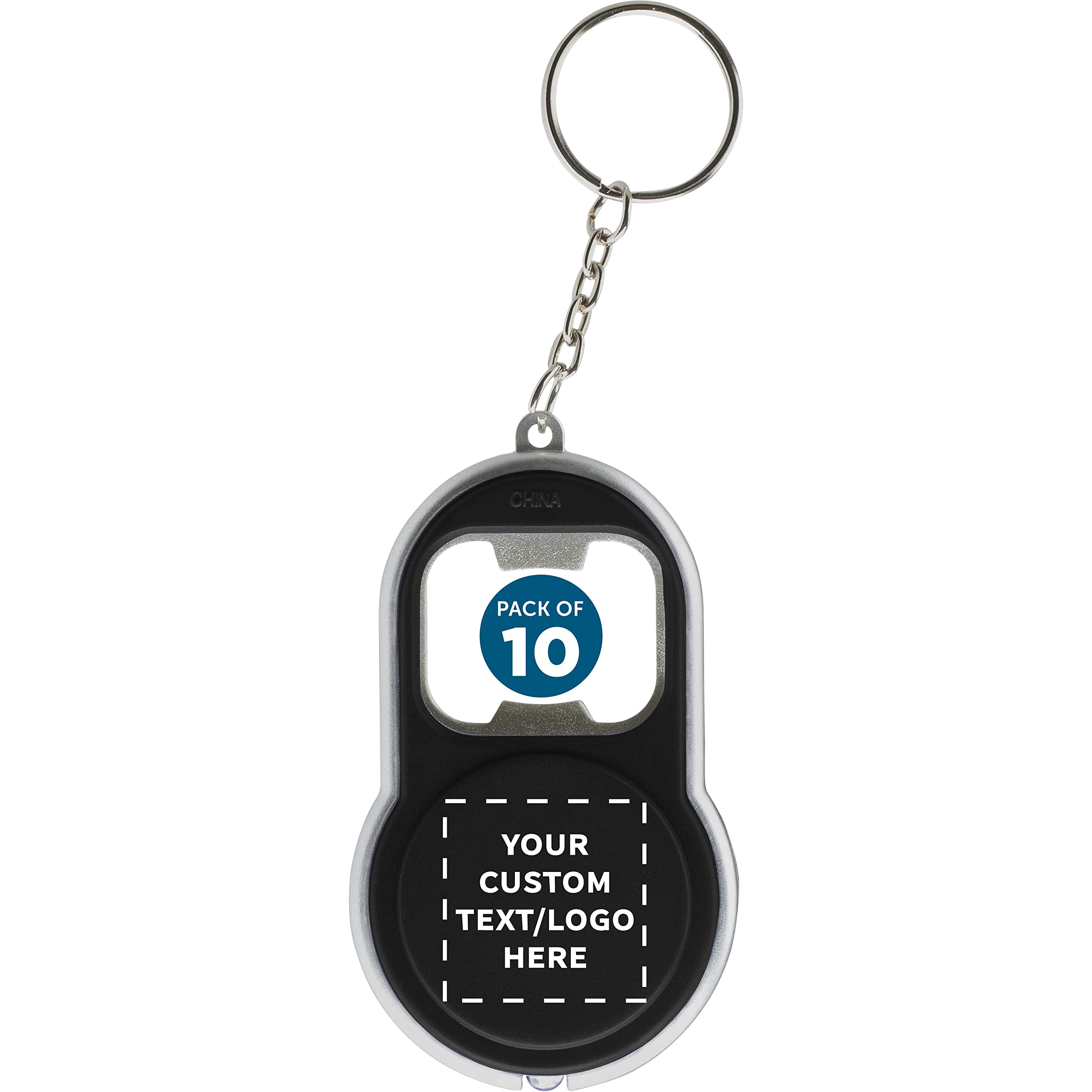 10-Pack Custom Bottle Opener & LED Keychain Set - Personalized Bulk Promotional Gifts for Tradeshows, Weddings, Corporate Events & Party Favors - Black - Perfect for Bars, Restaurants, and Branding Campaigns