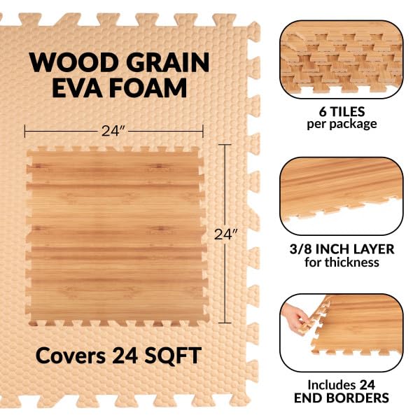 Stalwart EVA Foam Floor Tiles 6-Pack (24 SQFT) - Interlocking Puzzle Mats for Home Gym, Playroom & Exercise Areas - Light Woodgrain Non-Slip Flooring for Kids, Yoga & Workouts