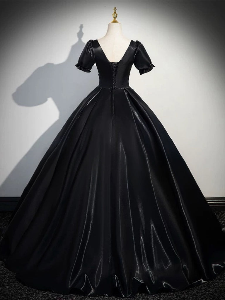 Elegant Black Satin A-Line Long Prom Dress with Short Sleeves - Perfect for Formal Dances, Evening Parties & Special Occasions