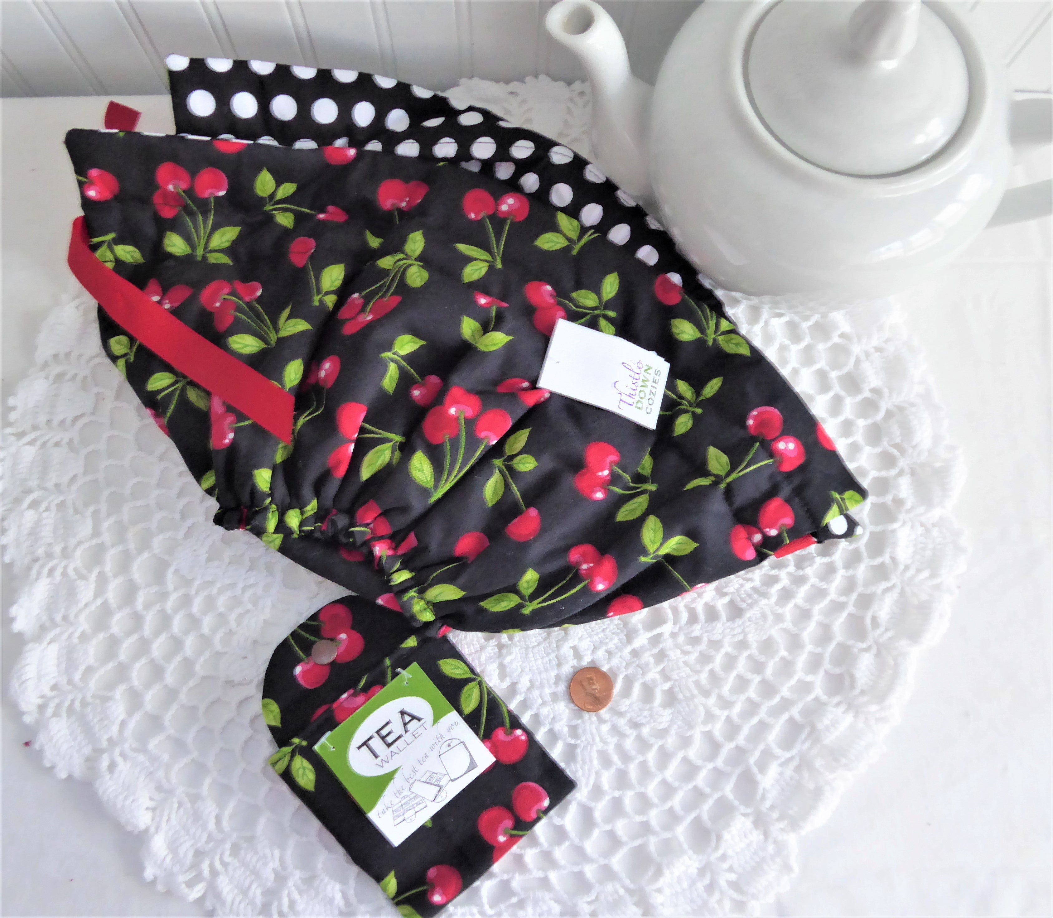 Cherry Polka Dot Tea Cozy and Tea Wallet Set - Insulated Tea Pot Cover & Tea Bag Organizer - Perfect for Tea Lovers, Gift Idea - Use for Afternoon Tea, Kitchen Decor, or Housewarming Present