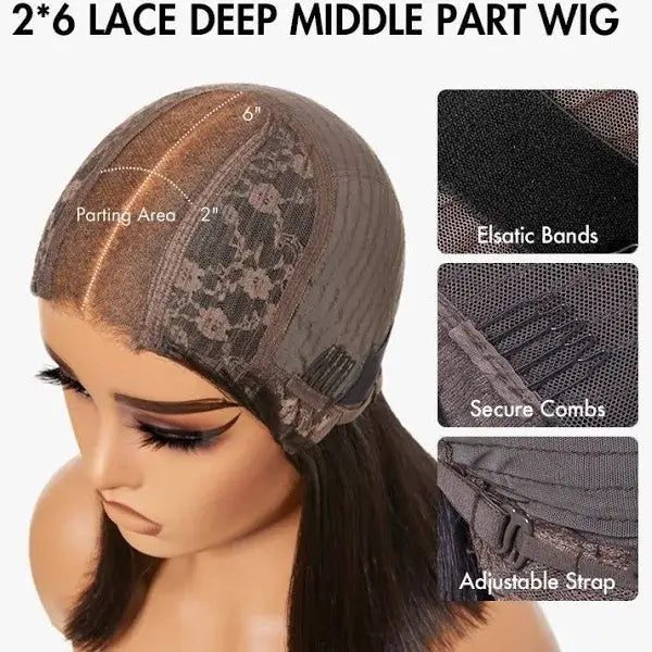 Middle Part HD 2x6 Lace Closure Bob Wig 250% Density Natural Black Premium Raw Human Hair - Perfect for Everyday Wear, Cosplay & Special Occasions