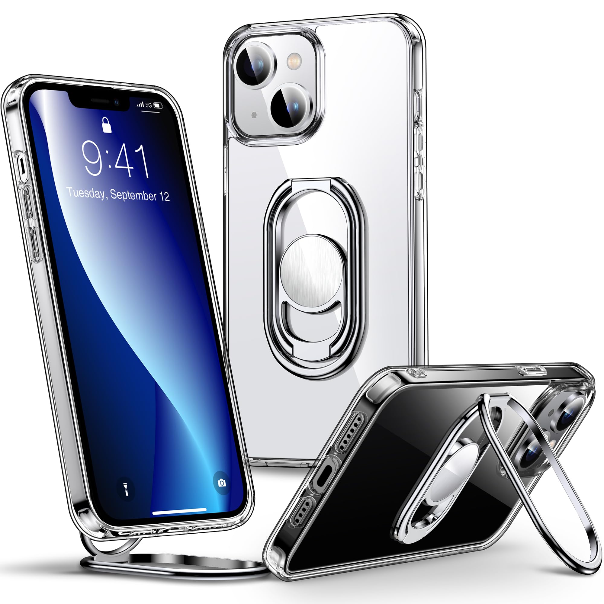 Shockproof Clear iPhone 14 Case with Adjustable Stand & Foldable Ring Holder - Protective 6.1 Inch Phone Cover for iPhone 14 | Perfect for Hands-Free Viewing, Video Calls & Daily Protection
