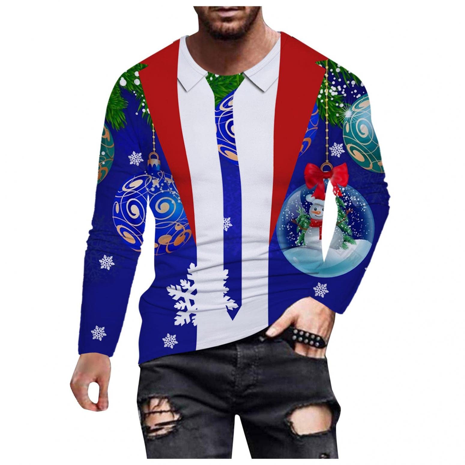 WOCACHI Men's Christmas Soldier Long Sleeve T-Shirt - Funny Santa Claus Snow Print Casual Athletic Tee for Holiday Parties & Family Gatherings