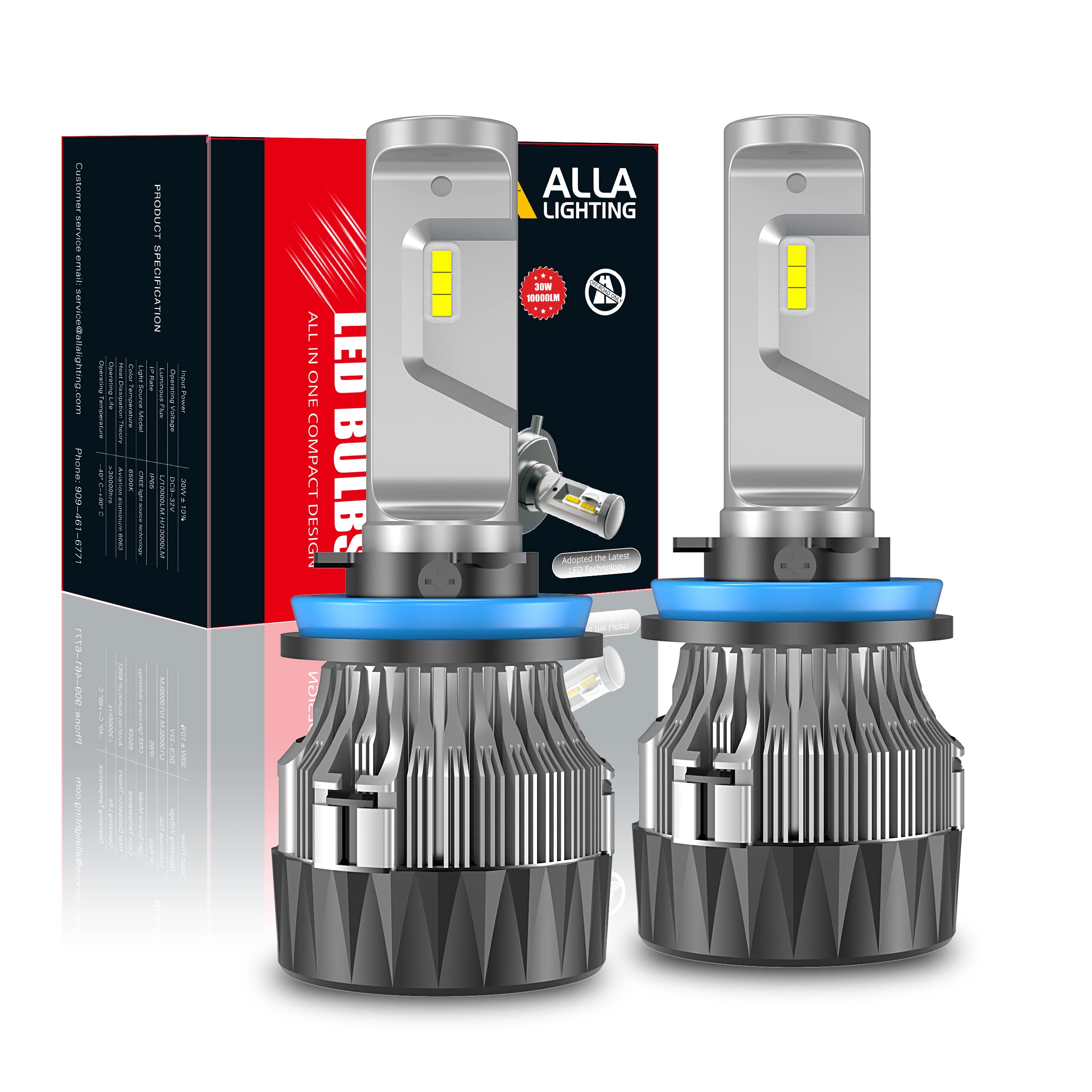 Alla Lighting H8 H9 H11 LED Bulbs - 6500K Xenon White 10000Lms for Headlights & Fog Lights - Upgrade Halogen/HID for Brighter Night Driving