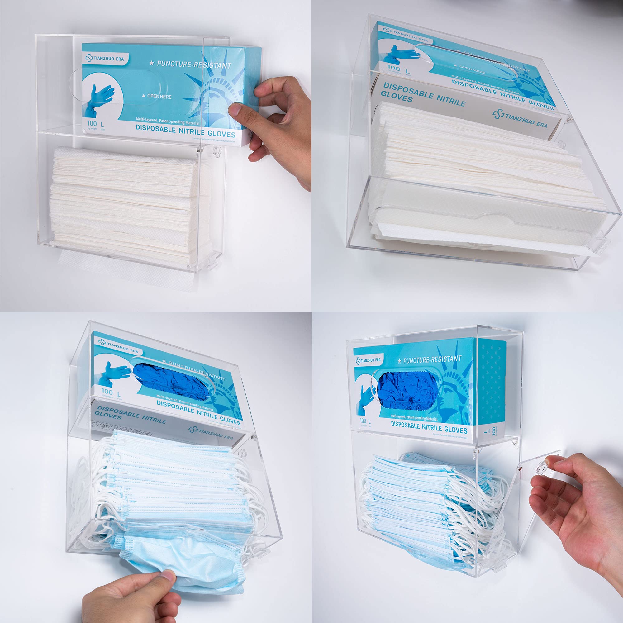 Wall Mount or Countertop Mask Dispenser Station - 2 Compartment Clear Box with Hand Holder for Disposable Masks & Multi-Fold Paper Towels | Ideal for Offices, Hospitals, Schools & Public Spaces