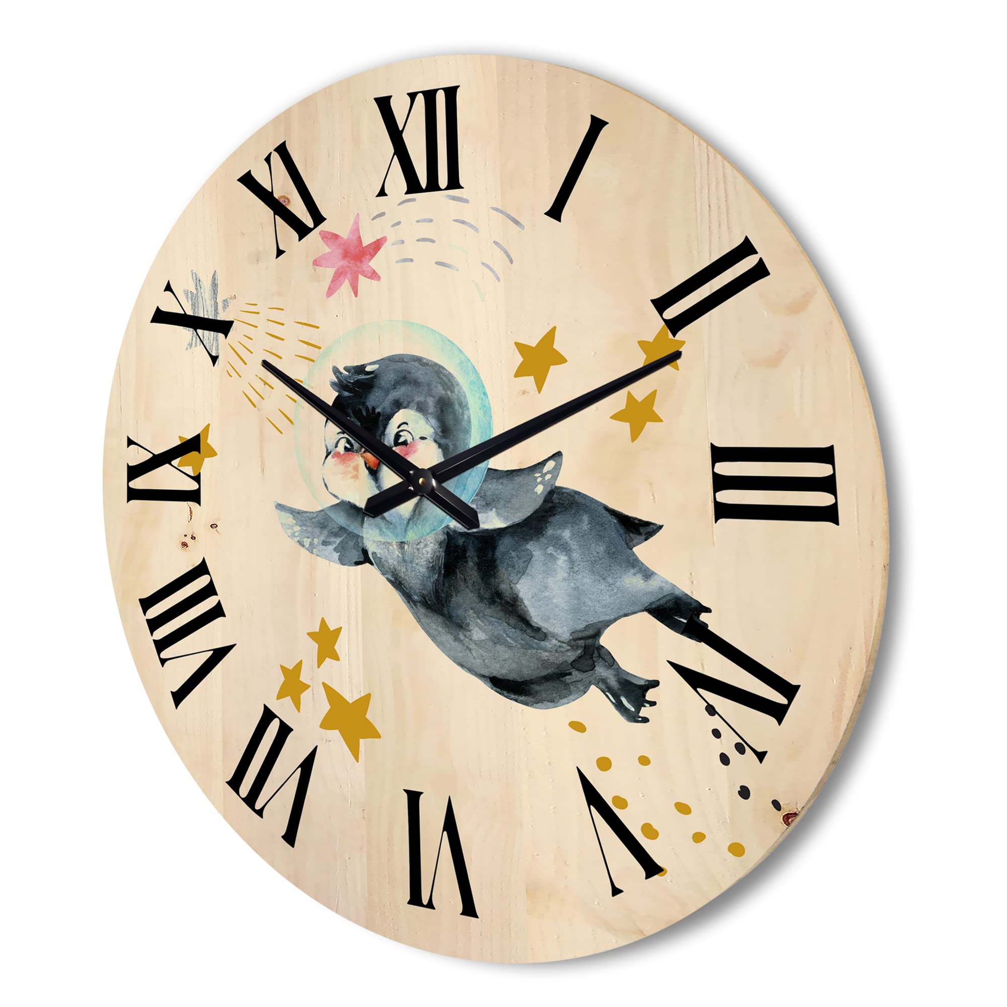 DesignQ 'Little Penguin Flying Planets and Stars' Large Farmhouse Wood Wall Clock - Oversized Decorative Animal Wall Art for Living Room, Bedroom & Office Décor - Perfect for Home, Office & Gift Giving