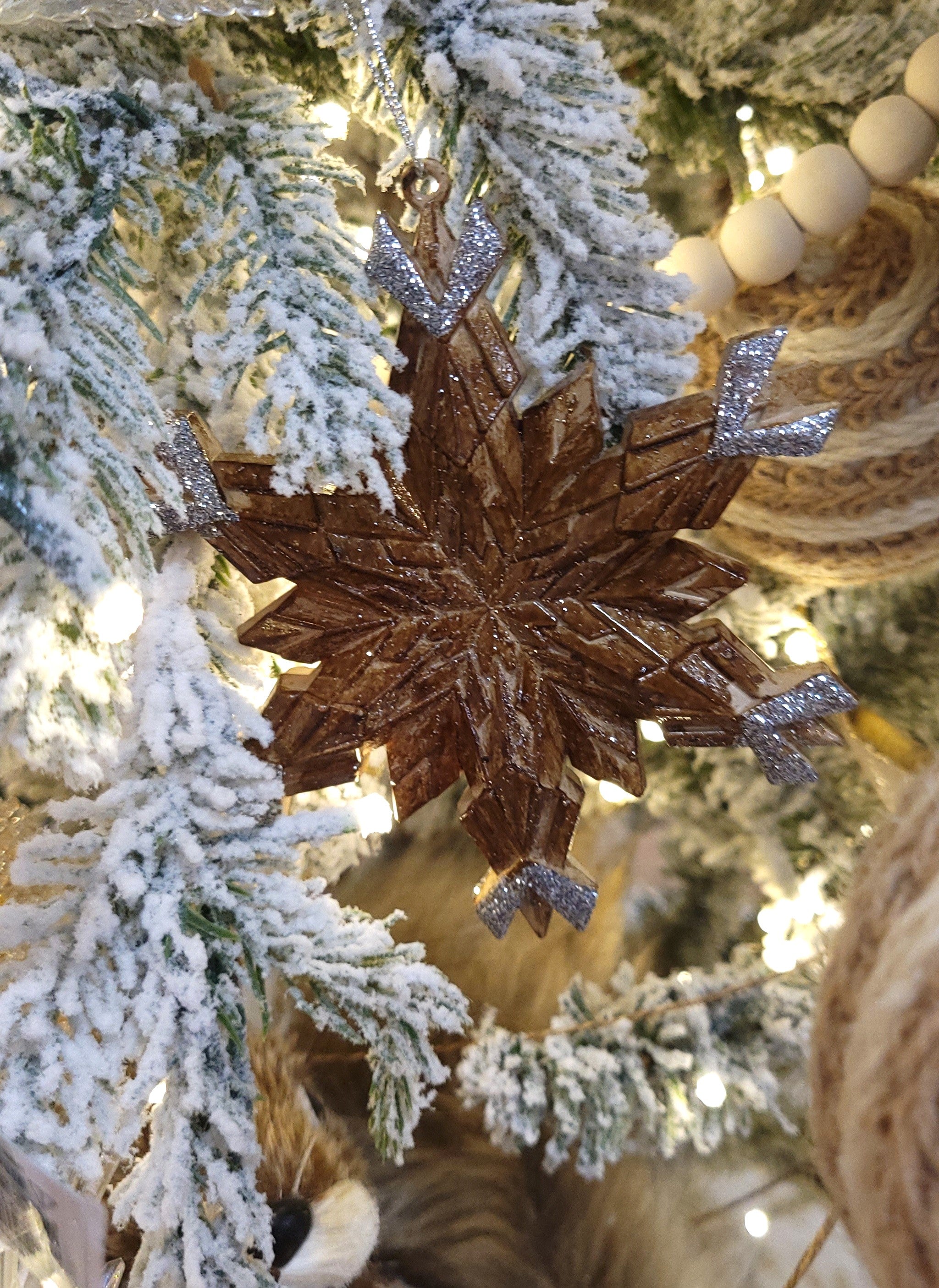 5 Pack Wooden Glitter Snowflake Christmas Tree Ornaments - Handmade Holiday Decor for Xmas Tree, Home, Party & Gift Giving