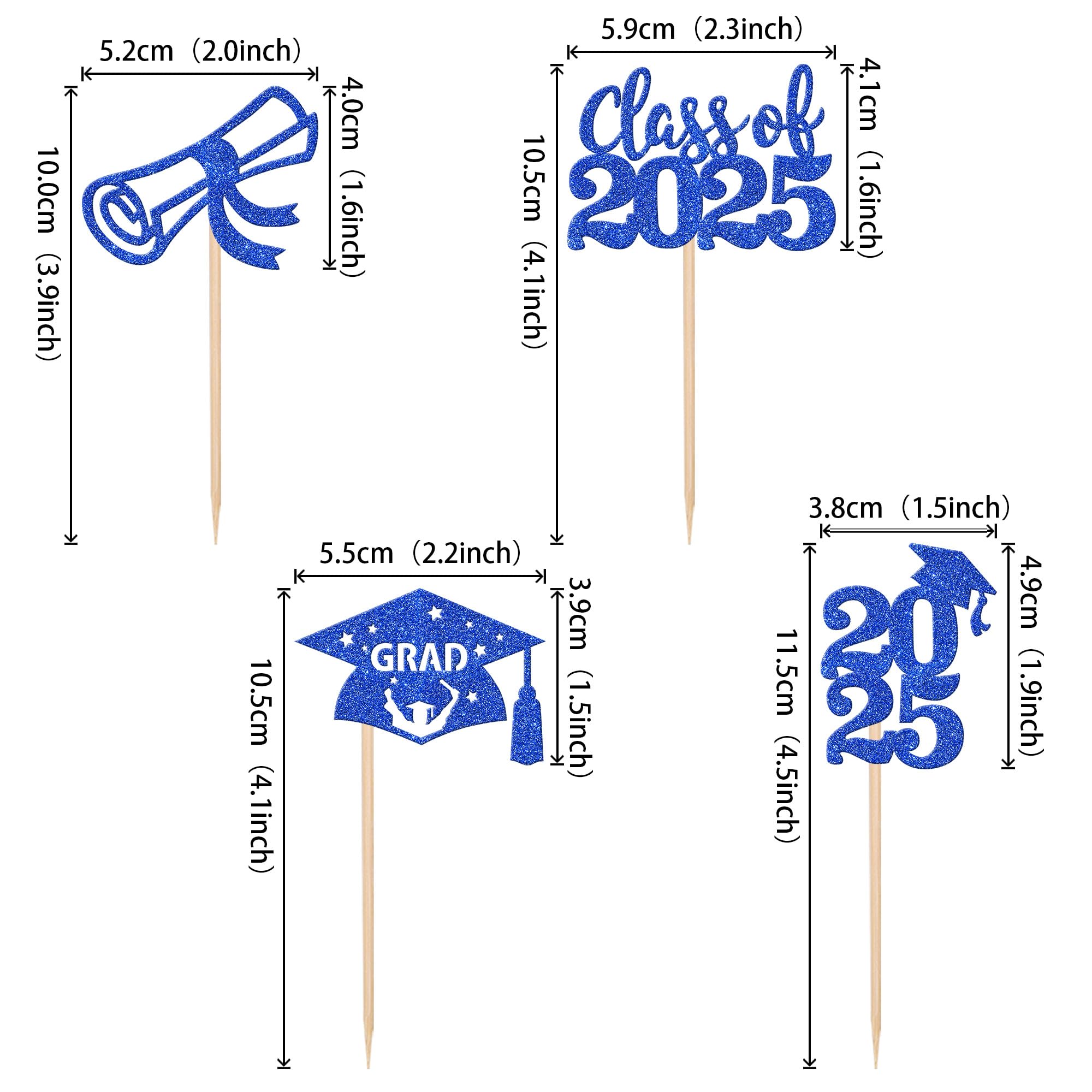 24 PCS 2025 Graduation Cupcake Toppers - Glitter Class of 2025 Diploma & Grad Cap Cake Decorations - Blue Graduation Party Supplies for Cupcakes, Cakes & Desserts - Perfect for Graduation Ceremonies, Parties & Celebrations