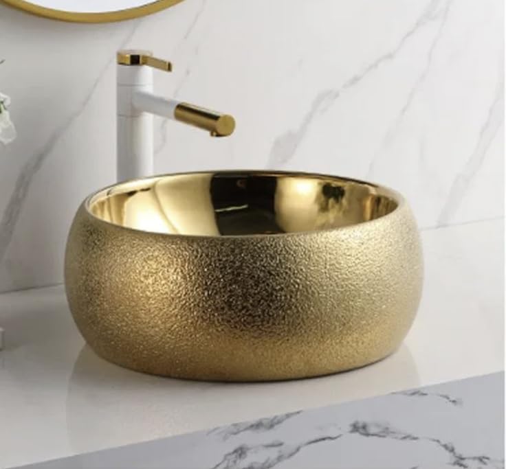 InArt Glossy Gold Bathroom Sink - Modern Countertop Wash Basin for Vanity, Powder Room & Guest Bath | Elegant & Durable Ceramic Vessel Sink for Home Decor