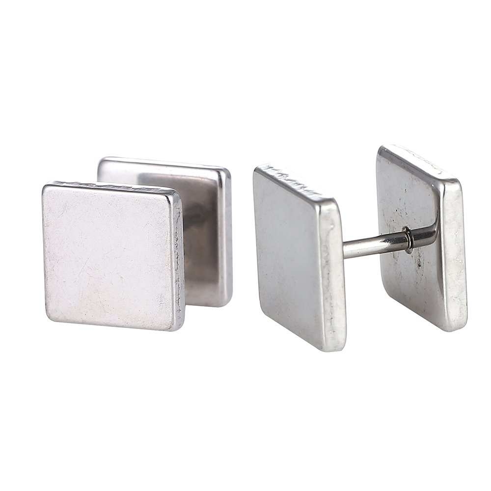 11mm Stainless Steel Fake Piercing Screw-Expander Square Plates - Silver Body Jewelry for Costume, Cosplay & Fashion Accessories