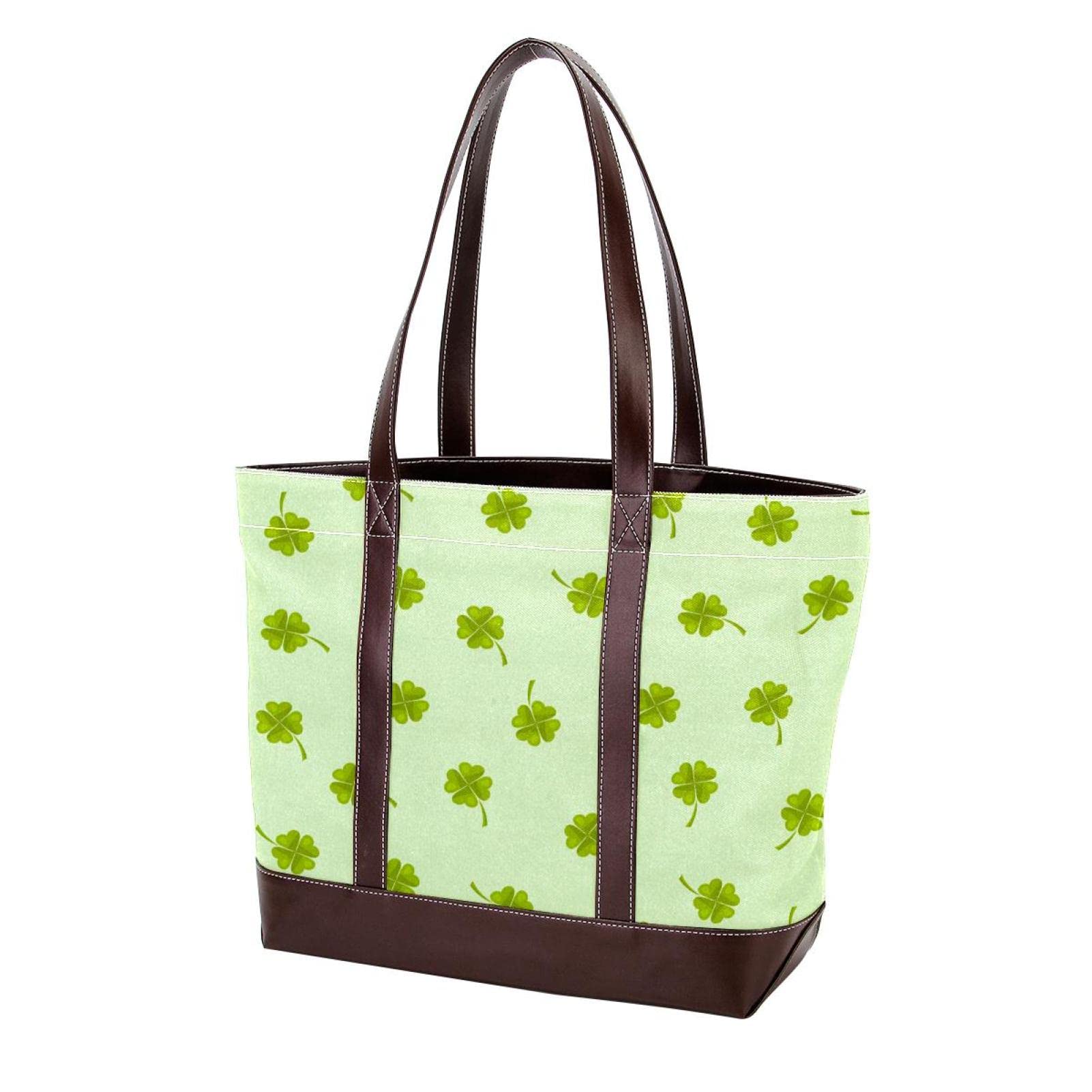 Stylish Women's Tote Bag - Large Beach Bag with Zipper, Laptop Shoulder Purse for Work & Travel - Cute St. Patrick's Day Green Four-Leaf Clover Design - Perfect for Office, Shopping, Beach Outings & Daily Use