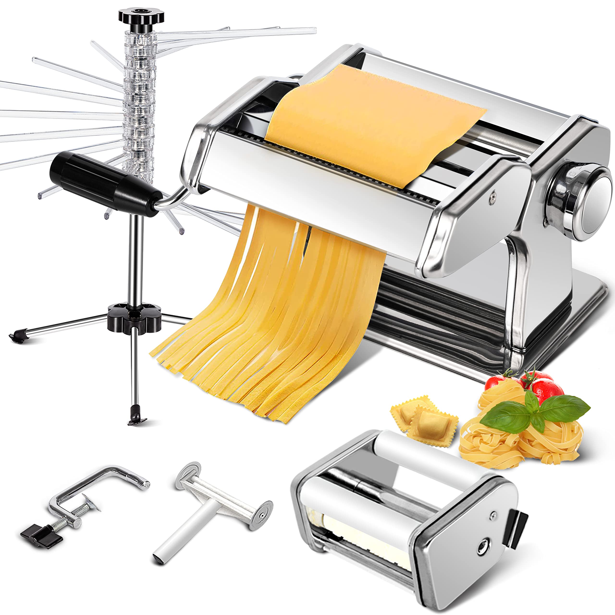 Premium Manual Pasta Maker Machine Set - Includes Stainless Steel Pasta Drying Rack, Hand Crank, Fixation Clamp, 9 Adjustable Thickness Rollers & 2 Cutting Blades for Lasagne, Fettuccine, Spaghetti | Perfect for Italian Cuisine, Home Cooking & Restaurant Use