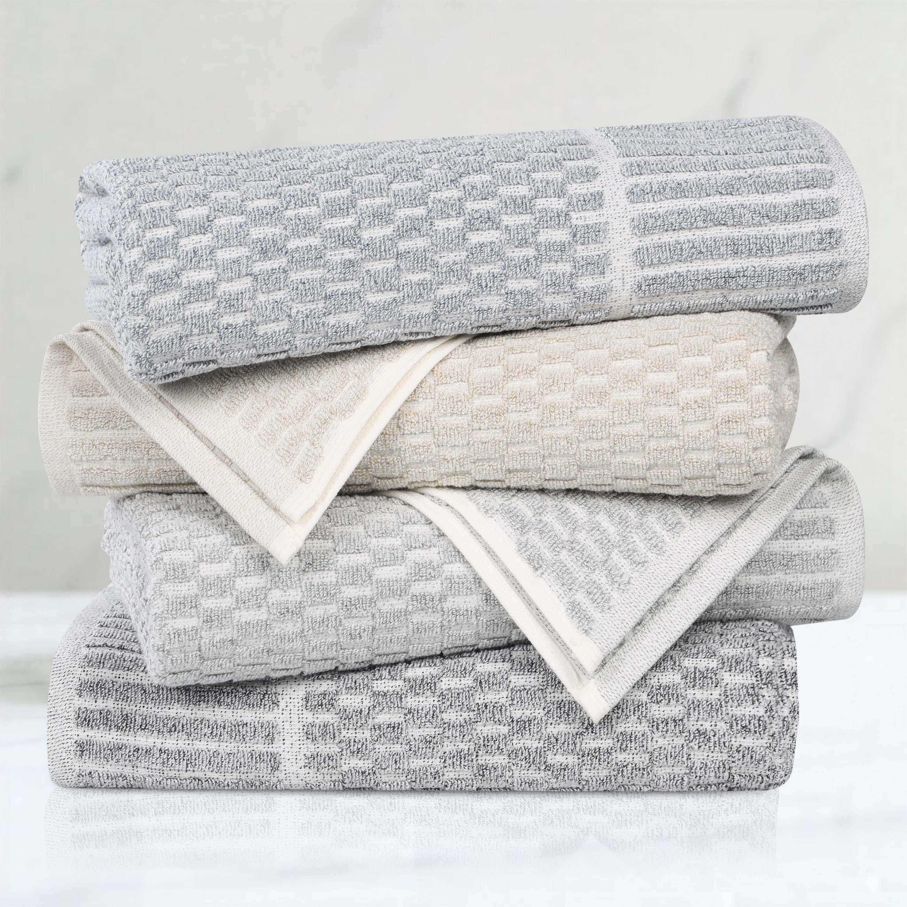 Premium Juno Cotton Blend Medium Weight Checkered Border Bath Towels - Set of 2, Soft & Absorbent for Spa, Bathroom & Beach Use