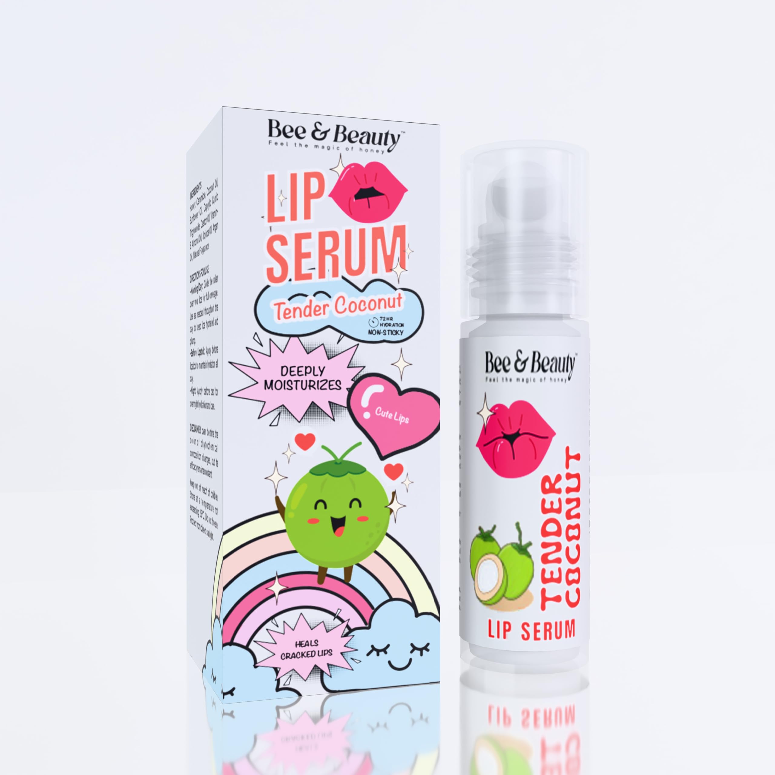 Bee & Beauty Moisturizing Lip Serum Roll On - 5ml | Coconut Infused Hydrating Lip Treatment | Nourishes, Hydrates & Exfoliates Lips | Natural Pink Tint | Unisex Daily Lip Care | Perfect for Dry Lips, Chapped Lips & Pre-Makeup Prep