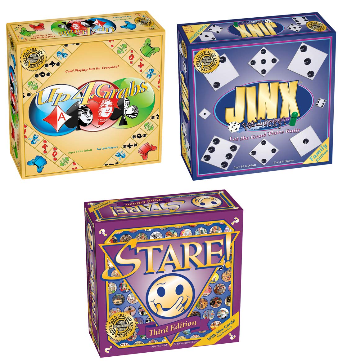 Triple Play Family Board Game Bundle - Up 4 Grabs, Jinx & Stare for Fun Game Nights | Perfect for Family Gatherings, Parties & Indoor Activities