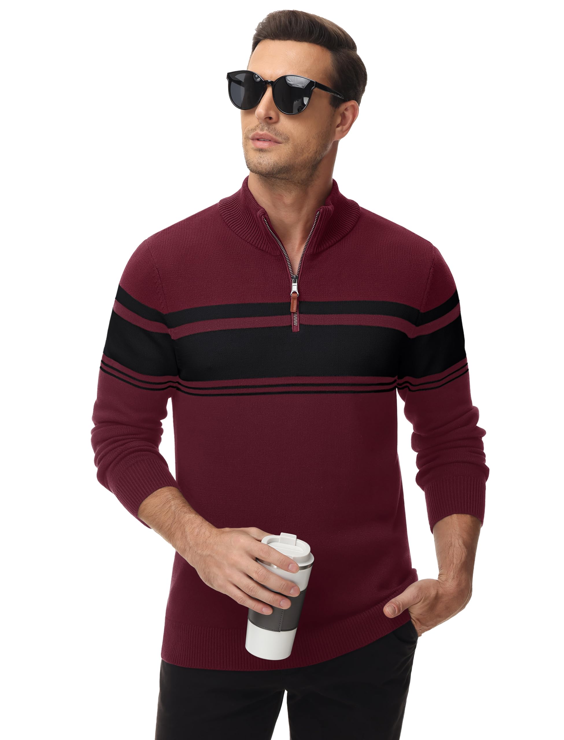 MAGCOMSEN Men's 1/4 Zip Cotton Sweater Pullover - Striped Polo Sweater for Fall & Winter | Warm Casual Knit Sweatshirt for Office, Outdoor & Daily Wear