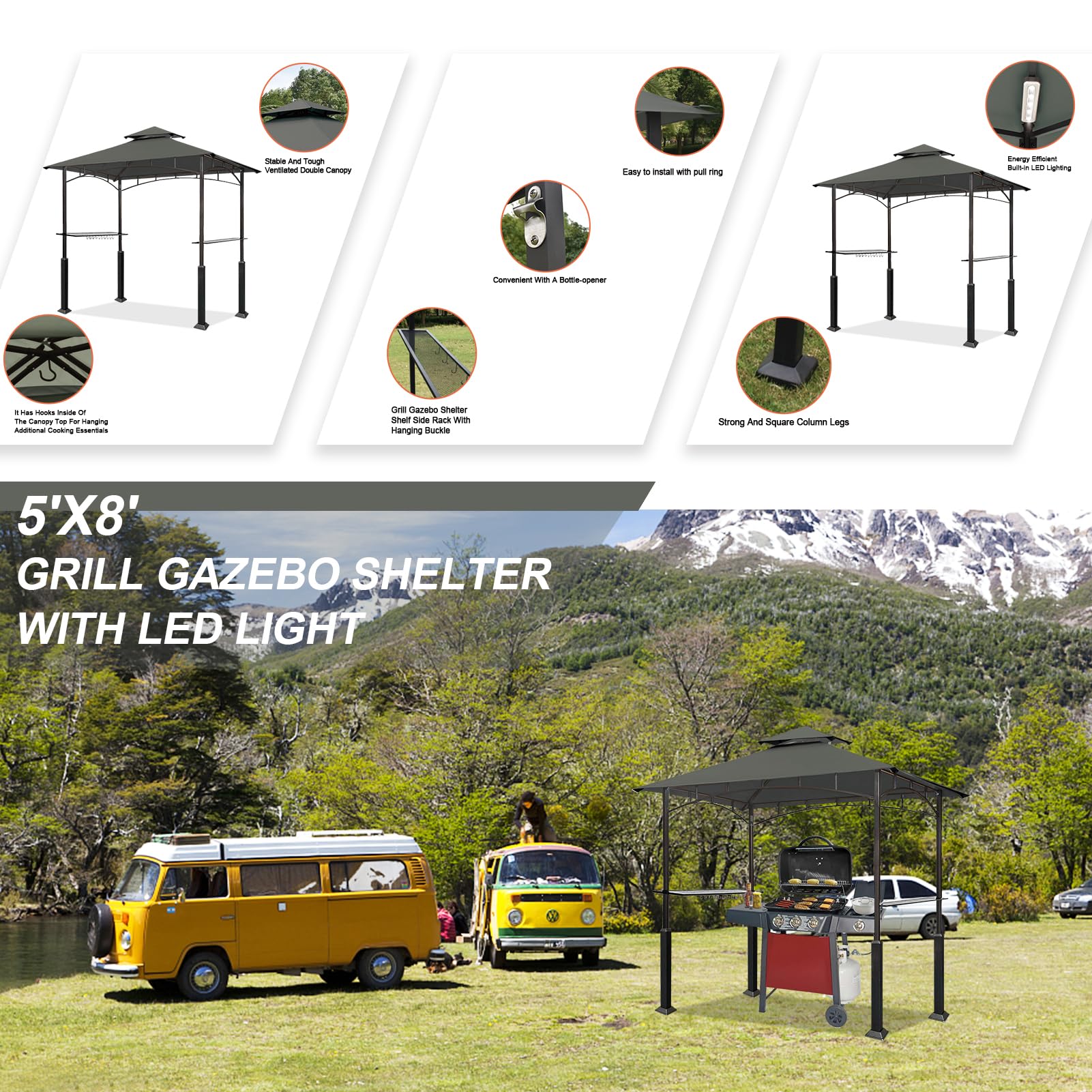 Eurmax USA 5x8 FT Grill Gazebo with Double Tier Canopy - Steel Frame Outdoor BBQ Shelter for Patio & Backyard, Includes 2 LED Lights & Bar Counters (Gray) - Perfect for Garden Parties, Camping & Outdoor Dining