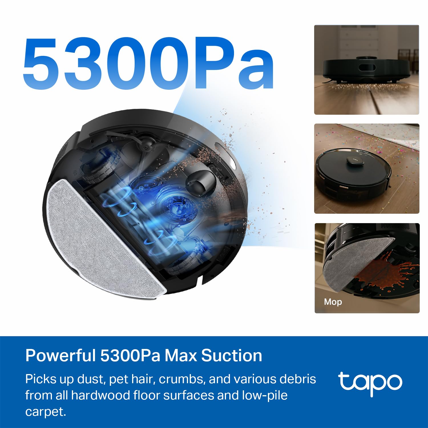 Tapo Ultra-Slim LiDAR Smart Navigation Robot Vacuum and Mop Cleaner, 5300Pa Strong Suction, 97% Dust Pickup Rate, Customizable Cleaning Modes, Self-Charging, Alexa & Google Home Compatible, RV20 Max - Perfect for Hardwood Floors, Carpets, and Pet Hair Removal