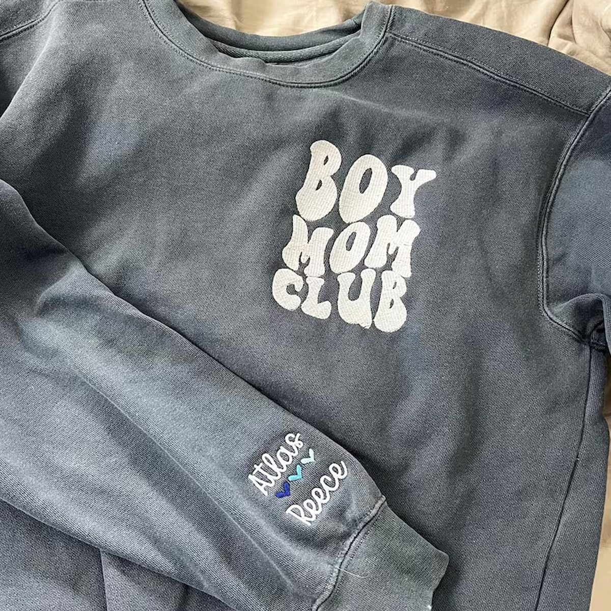 Custom Embroidered Boy Mom Club Sweatshirt & T-Shirt with Kids Names on Sleeve - Perfect for Family Matching Outfits, Mother's Day Gifts & Proud Mom Apparel