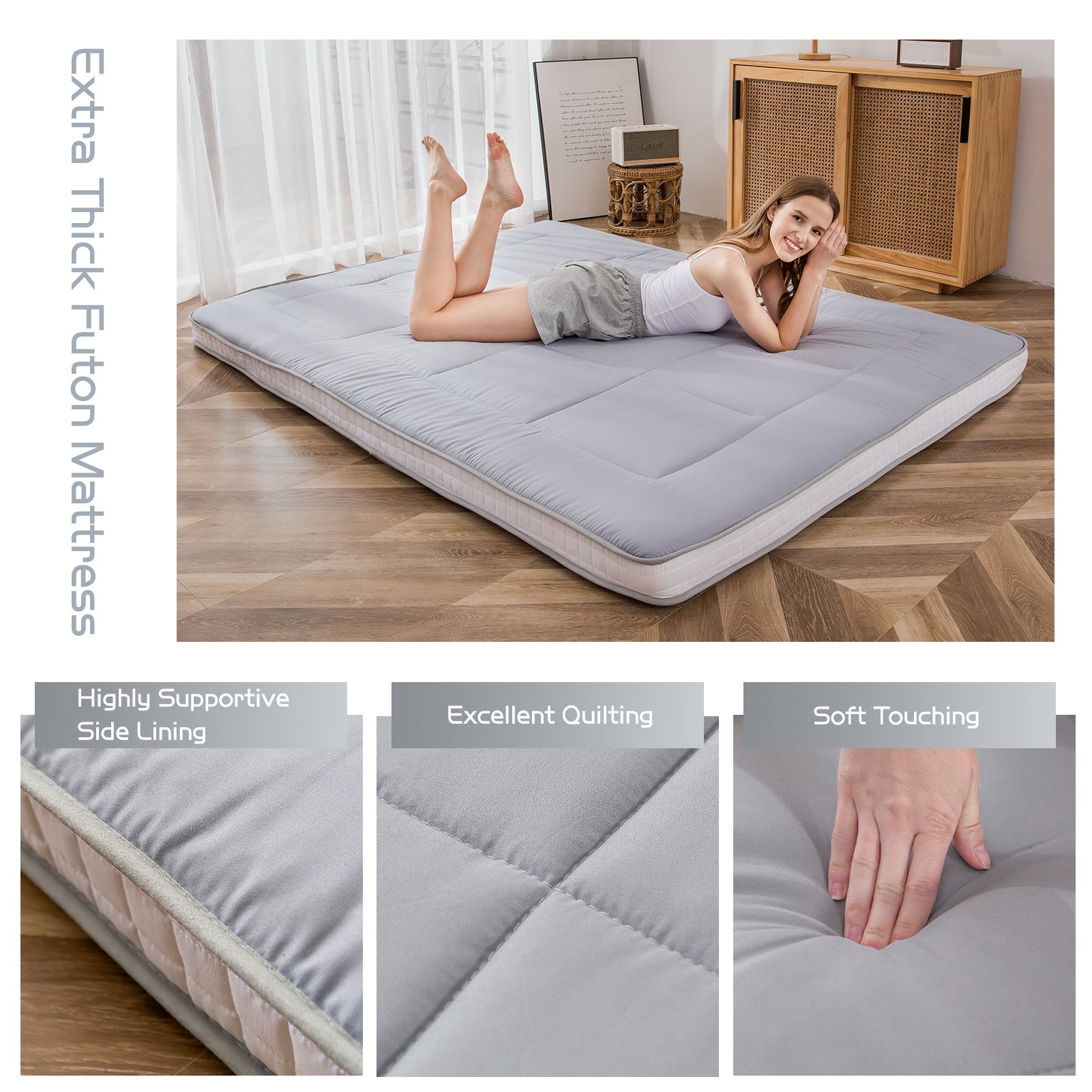 MAXYOYO Japanese Floor Mattress - Extra Thick Padded Tatami Mat for Sleeping & Lounging, Grey Style | Perfect for Guest Beds, Meditation, Yoga & Small Space Living
