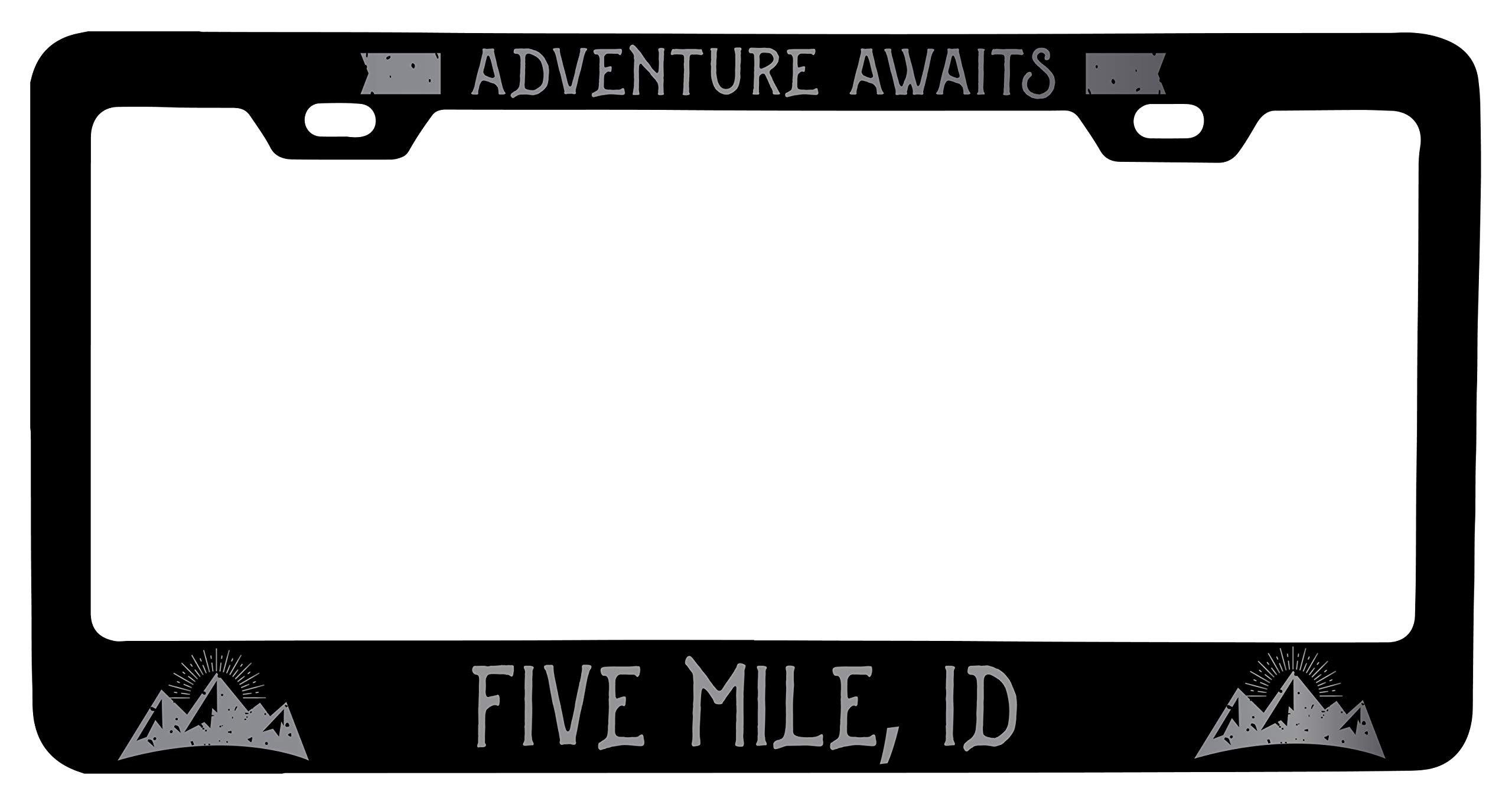Custom Laser Etched Black Metal License Plate Frame - Five Mile Idaho Design - Durable Car Accessory for Personalization & State Pride - Perfect for Cars, Trucks & Motorcycles