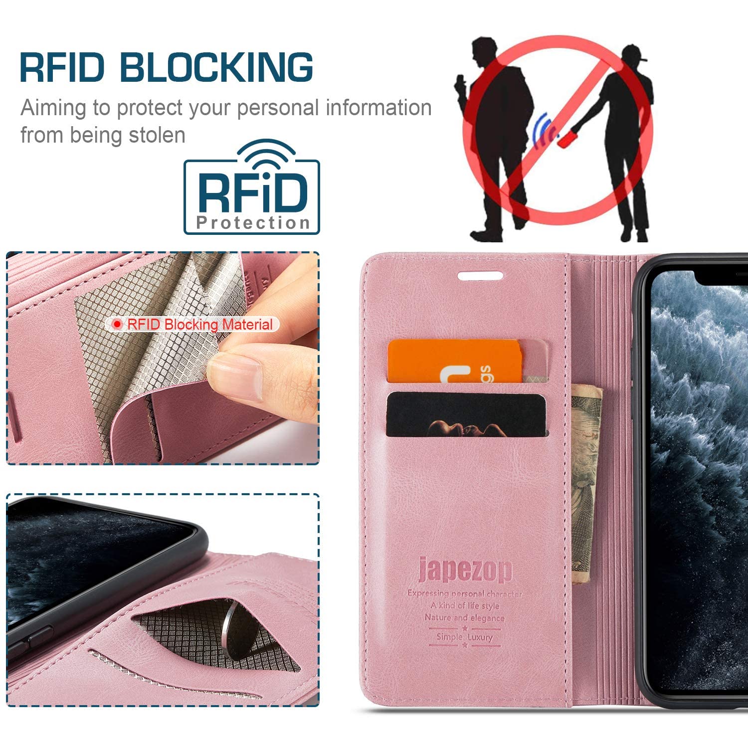 Premium RFID Blocking PU Leather Wallet Case for iPhone 11 Pro Max (6.5 inch) - Magnetic Flip Cover with Card Holder & Phone Protection (Pink) | Perfect for Travel, Business & Everyday Use