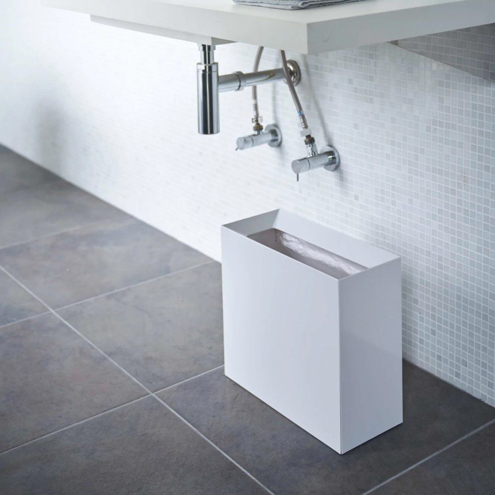 YAMAZAKI White Tower Rectangular Trash Can - Slim Space-Saving Rubbish Bin for Kitchen, Bathroom & Office Waste Disposal