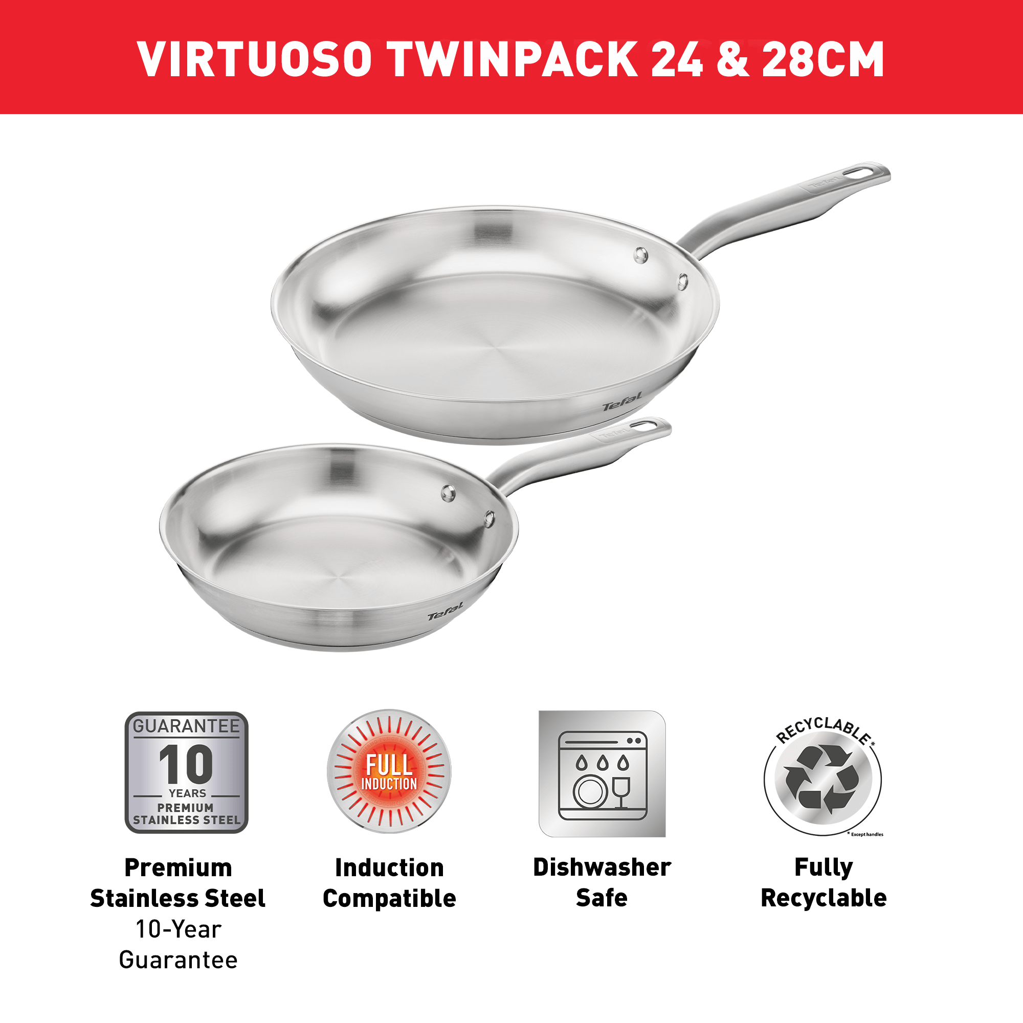 Tefal Virtuoso Induction Stainless Steel Uncoated Twin Frypan Set (24cm & 28cm) - Professional Cookware for Gas, Electric & Induction Stovetops - Perfect for Searing, Frying & Sauteing at Home