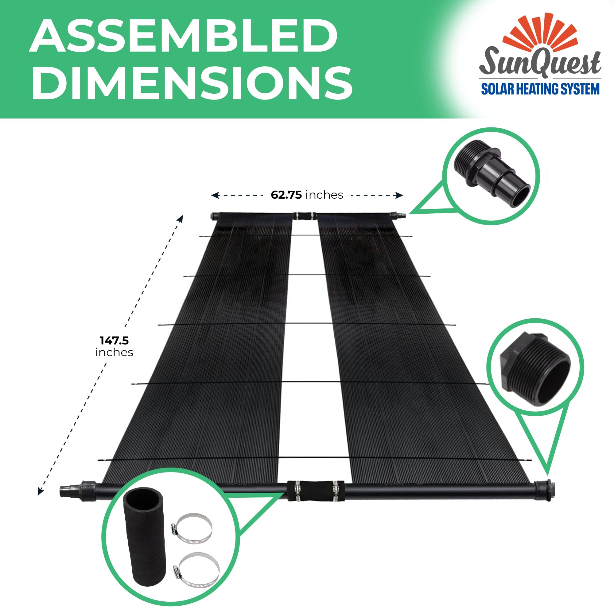 SunQuest Solar Pool Heater Panels - 2 Pack (2ft x 12ft) with Roof/Rack Kit - Efficient Solar Water Heater for Above Ground & Inground Pools - DIY Polypropylene UV-Resistant Panels | Perfect for Backyard Pool Heating & Energy Savings