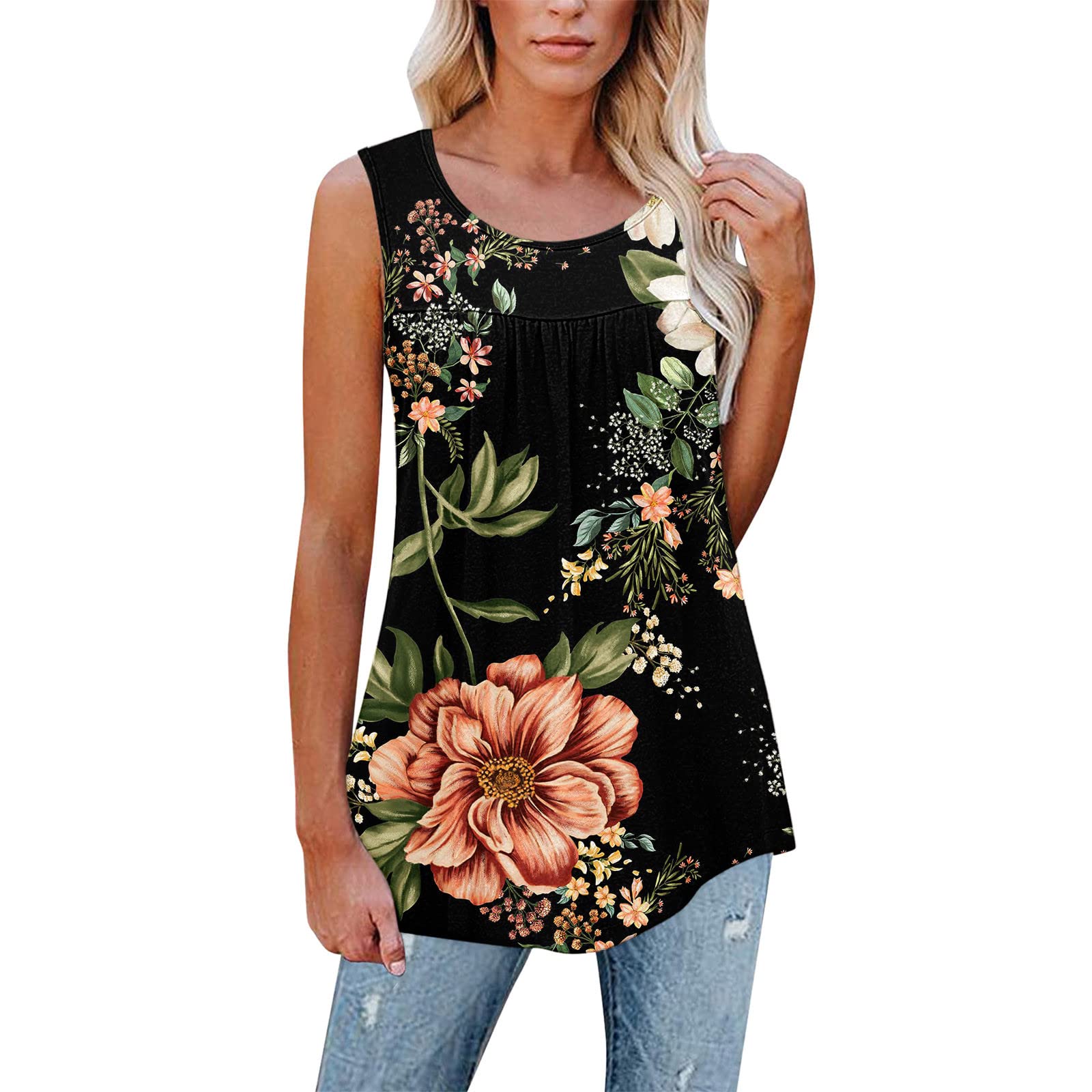 Women's Summer Floral Tank Tops - Sleeveless Loose Fit Pleated Tunic Shirts for Casual Wear, Beach Outfits & Vacation Essentials