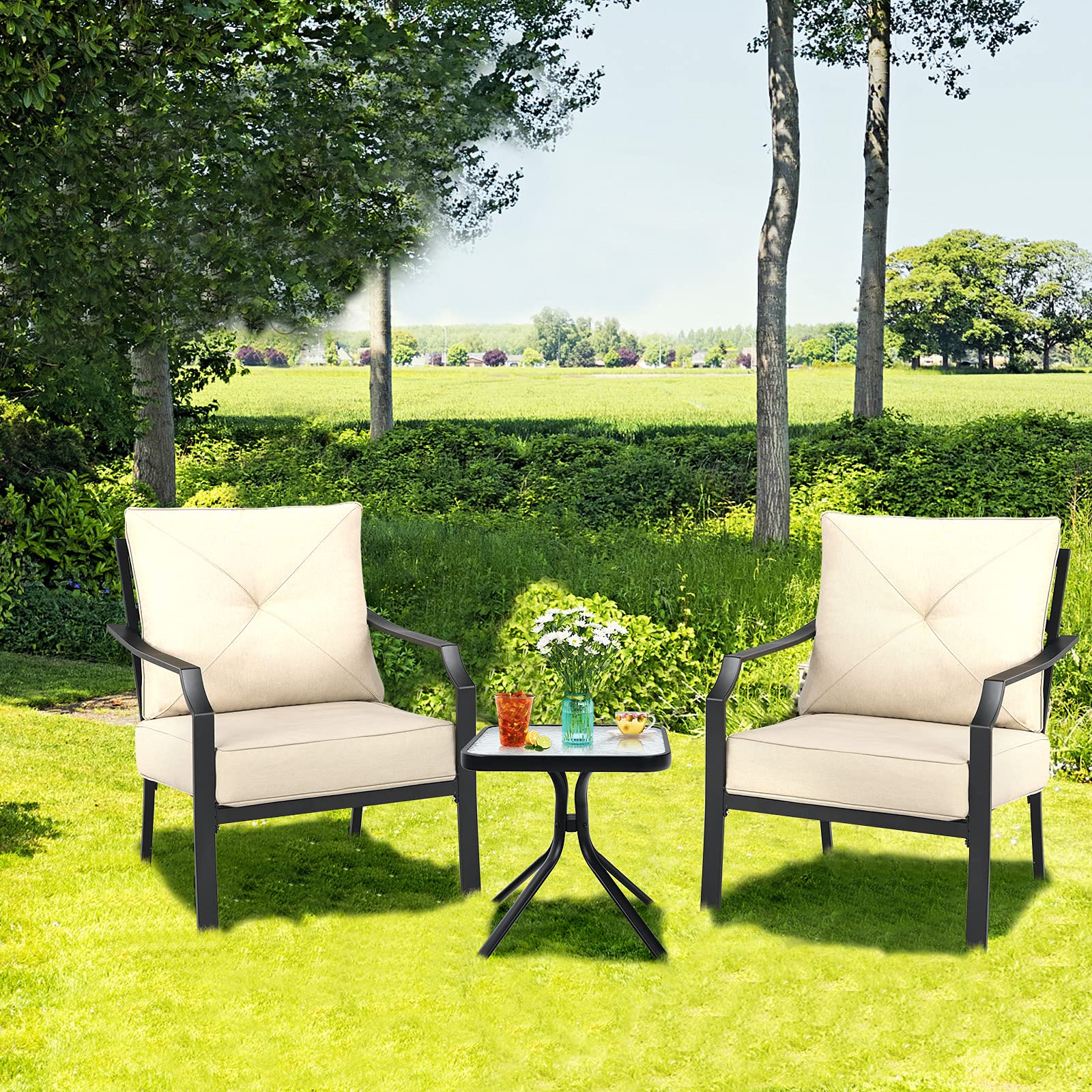 Tangkula 2-Piece Outdoor Dining Chairs Set - Steel Frame Patio Bistro Armchairs with Thick Cushions for Garden, Porch, Backyard & Balcony | Weather-Resistant Beige Lounge Chairs for Relaxing & Entertaining
