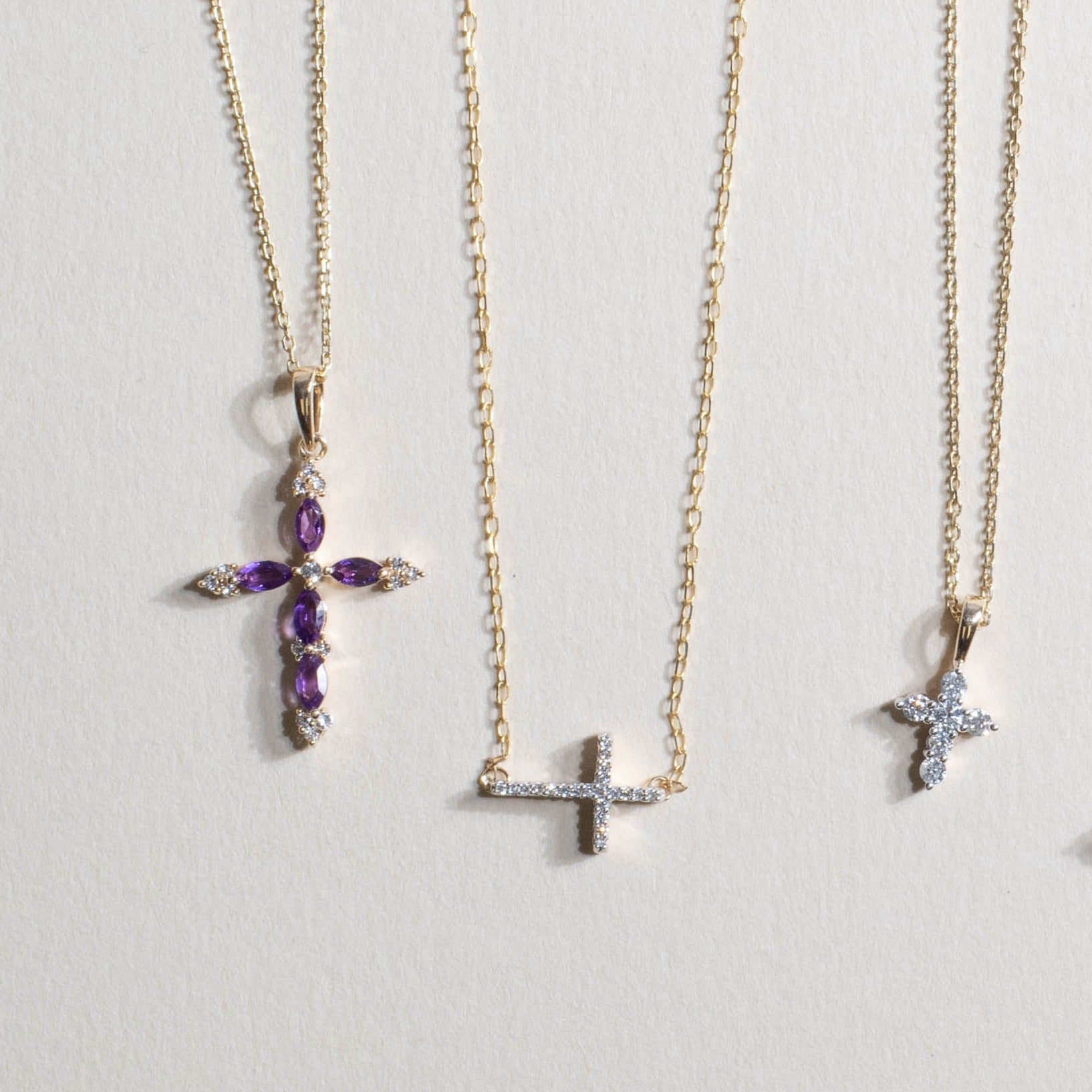 10k Yellow Gold Dainty Amethyst & White Sapphire Cross Pendant Necklace - Elegant Jewelry Gift for Women, Perfect for Church, Weddings & Special Occasions