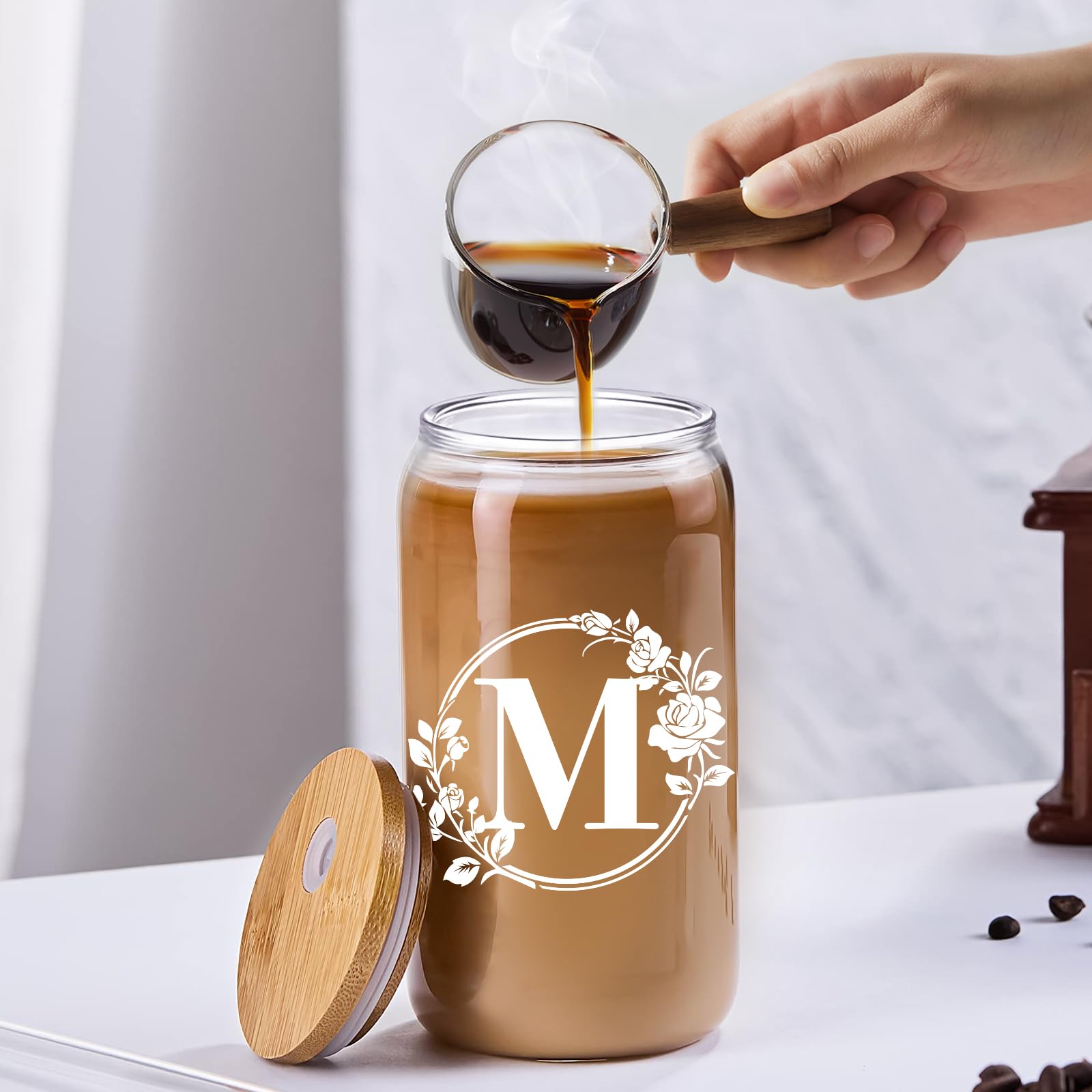 Personalized Monogrammed Initial Glass Cup - 16oz Iced Coffee & Beer Can Shaped Glass with Lid & Straw - Unique Birthday & Christmas Gifts for Women - Perfect for Home, Office & Party Drinks