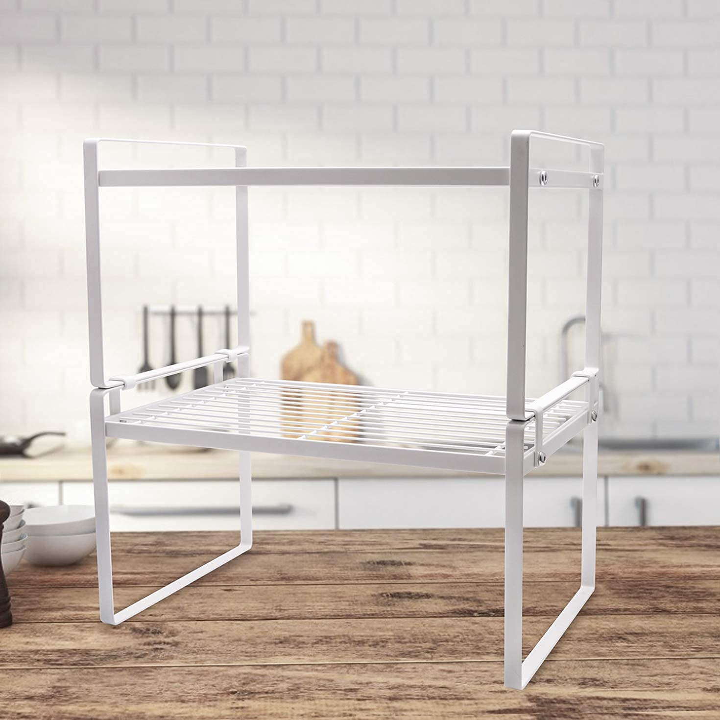 2 Pack Stackable Steel Frame Shelf Organizer - Rust Resistant & Non-Slip White Storage Rack for Kitchen Cabinet, Pantry, Bathroom, Bedroom & Office | Space Saving Counter & Desk Organizer for Home & Office Use